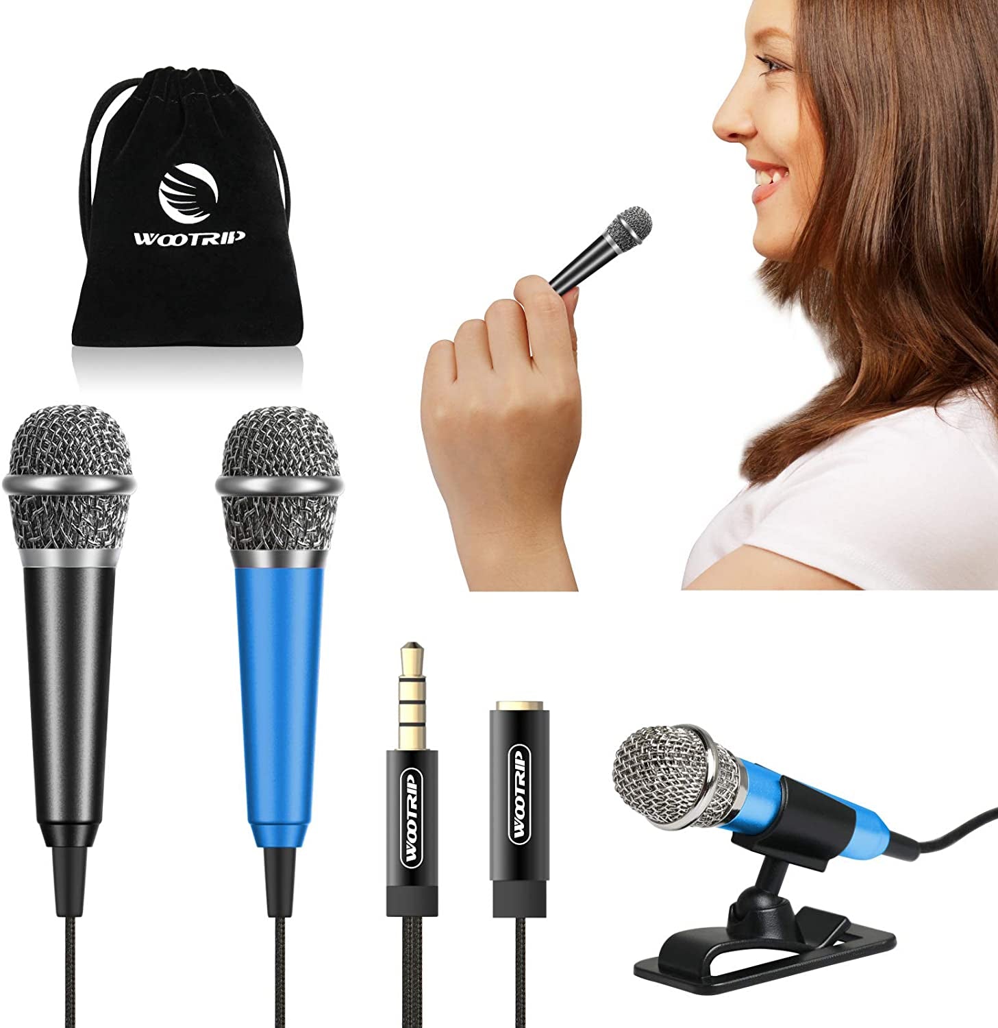 Mini Microphone, Wootrip Karaoke Tiny Microphone for Voice Recording Interview, Portable Small Singing Mic 3.5Mm Plug with Stand Suitable for Android Phone,Iphone,Ipad, Laptop (Rose Gold)  Wootrip Black Blue  