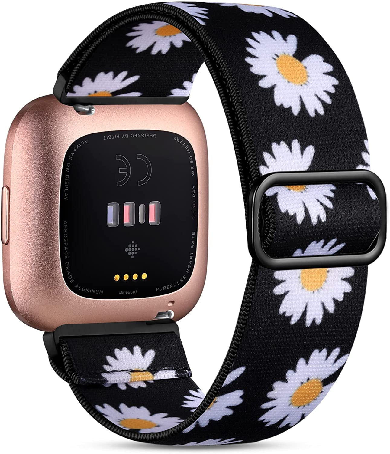 Witzon Compatible with Fitbit Versa 2 Bands for Women Men, Soft Breathable Versa 2 Solo Loop Sport Strap, Versa Lite Versa SE Replacement Accessories Adjustable Braided Nylon Versa 2 Band, Deep Pink  Witzon Elastic Black Daisy  