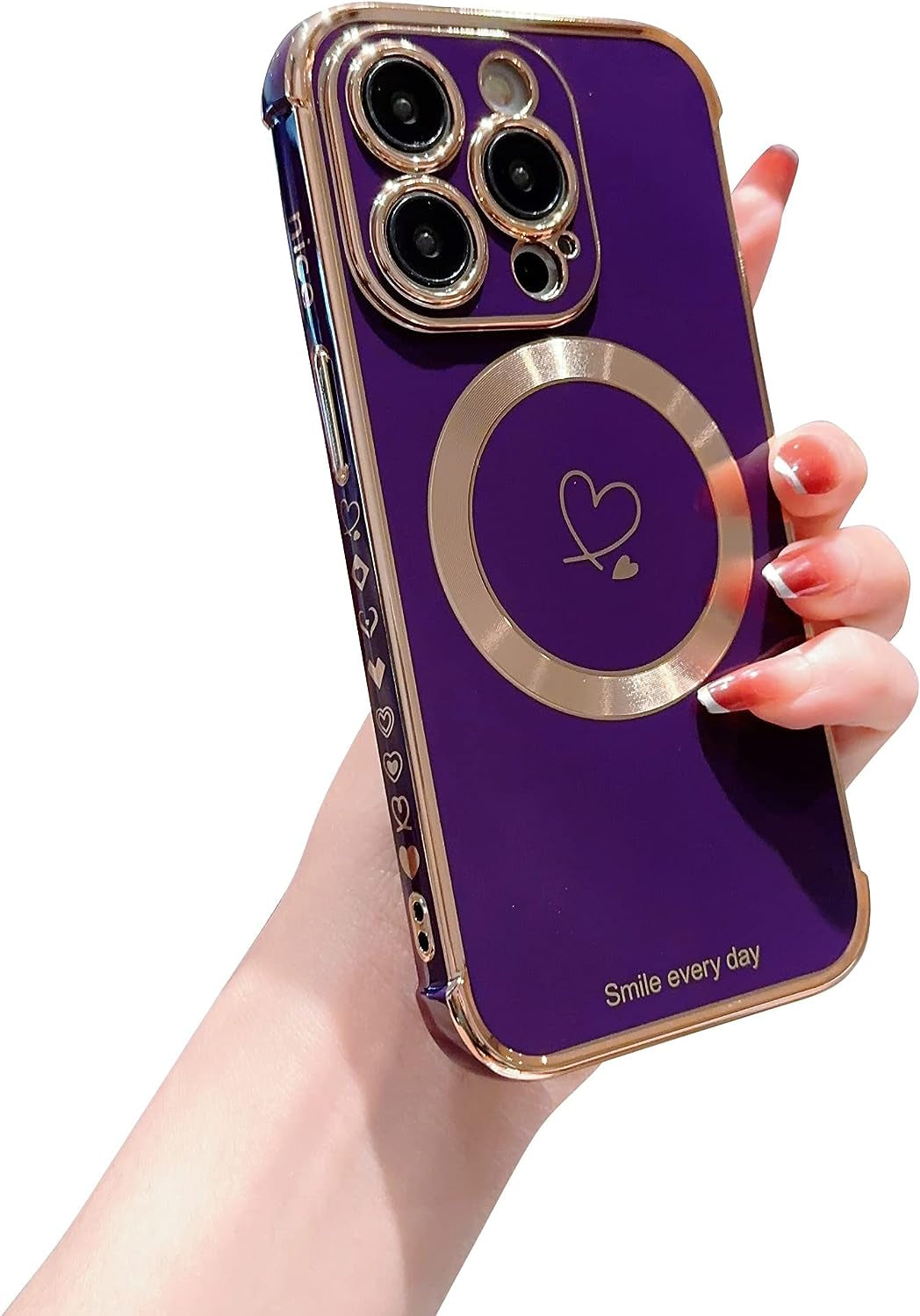 Hosgor Compatible with Magsafe Iphone 14 Pro Case for Women, Luxury Plating Cute Heart with Magnetic Wirless Charging Design Soft TPU Shockproof Bumper Case for Iphone 14 Pro 6.1Inch - (Deep Purple)  Hosgor   