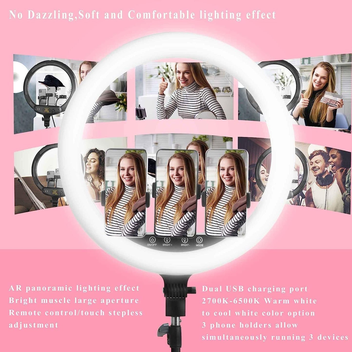 18" Inch Remote LED Ring Light with Tripod Stand,Thecosky 2021 Big Color Temperature Ajustable 2700K-6500K LED Stream Light with 3 Phone Holders for Camera Photography, Youtube Videos, Selfie ,Makeup  Thecosky   