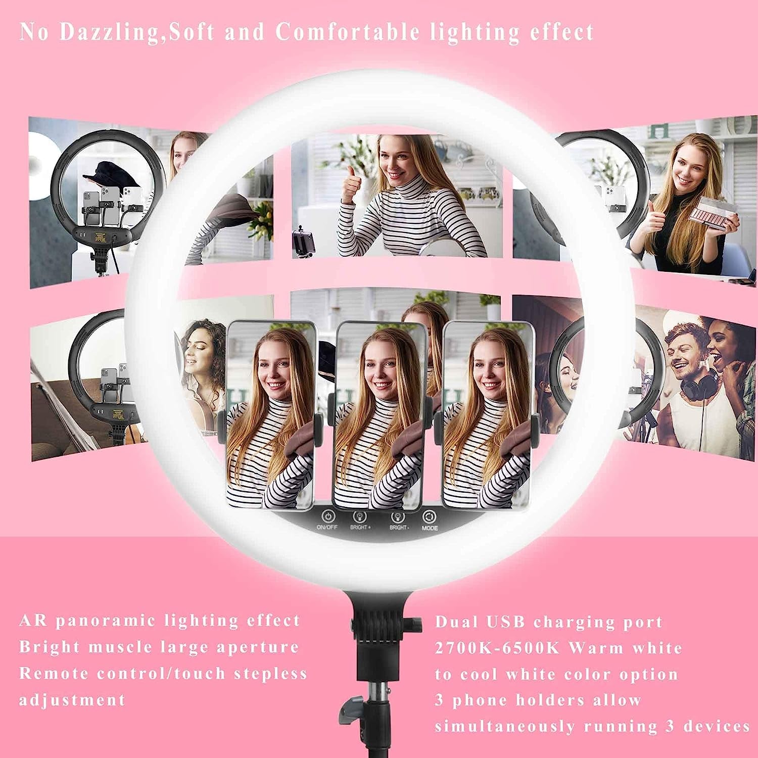 18" Inch Remote LED Ring Light with Tripod Stand,Thecosky 2021 Big Color Temperature Ajustable 2700K-6500K LED Stream Light with 3 Phone Holders for Camera Photography, Youtube Videos, Selfie ,Makeup  Thecosky   