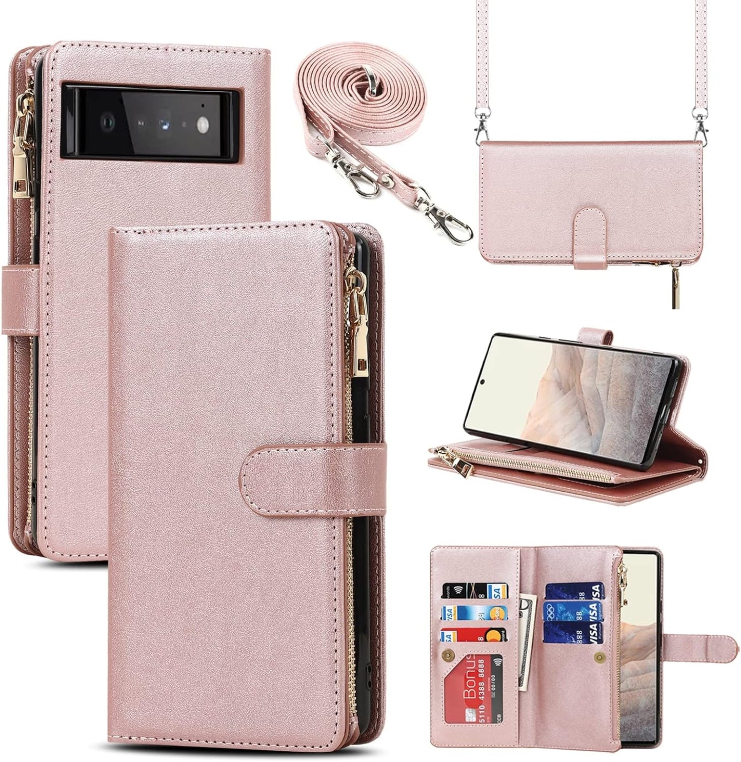Jaorty Compatible with Google Pixel 6 Wallet Case,[6 Card Slots] [Wrist Strap] [Stand Feature] Detachable 2 in 1 Magnetic Zipper Leather Cover Case for Google Pixel 6,6.4" Rosegold  Jaorty 9 Card Slots Lanyard Rosegold  