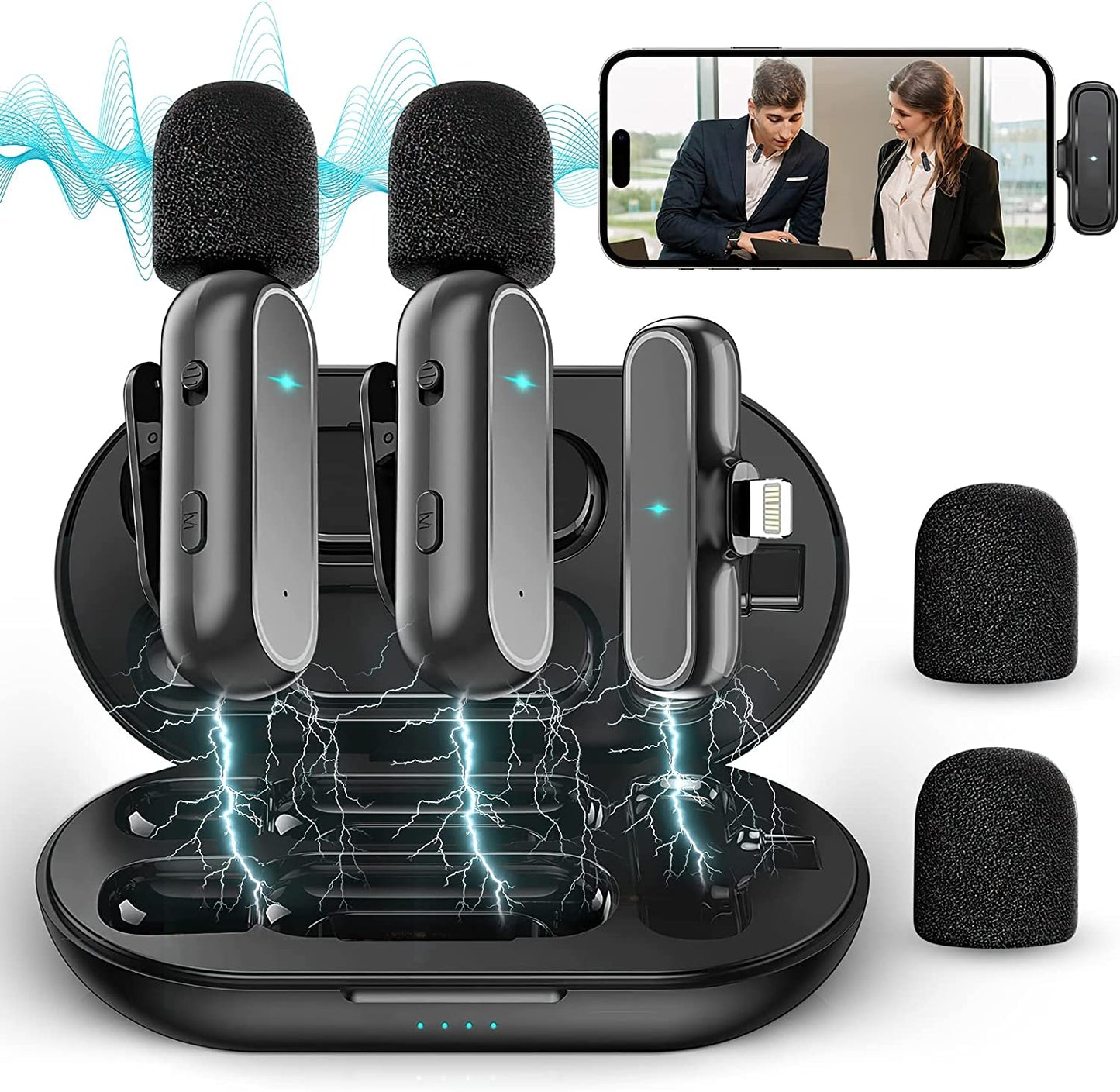 Wireless Microphones, 2 Pcs Wireless Lavalier Microphones with Charging Case , Professional Wireless Lavalier Microphone for Iphone and Ipad for Recording, Live Stream, Youtube, Facebook (Black)  OPULENO   