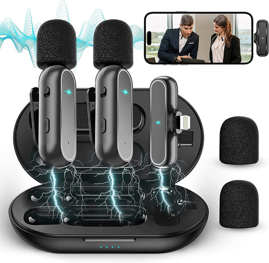Wireless Microphones, 2 Pcs Wireless Lavalier Microphones with Charging Case , Professional Wireless Lavalier Microphone for Iphone and Ipad for Recording, Live Stream, Youtube, Facebook (Black)  OPULENO   