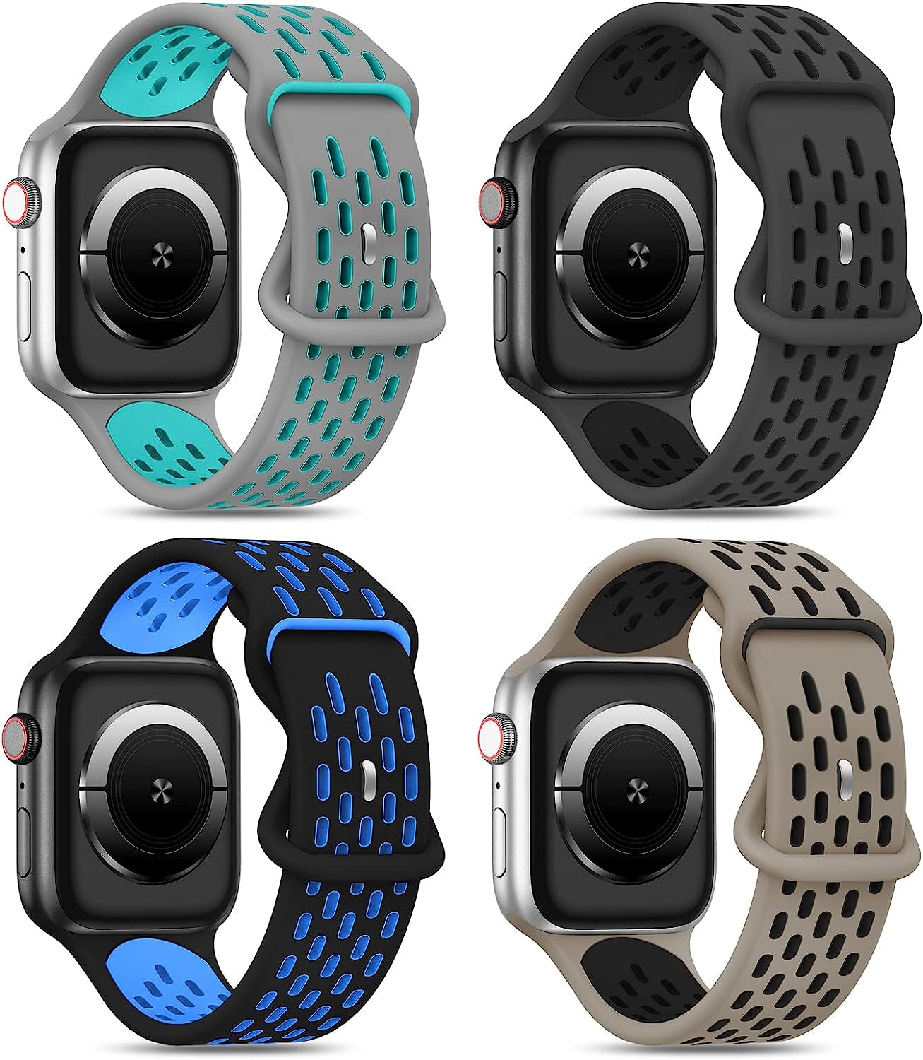 Shalila 4 Pack Sport Bands Compatible with Apple Watch Band 49Mm 45Mm 44Mm 42Mm 41Mm 40Mm 38Mm for Men Women, Silicone Breathable Wristband Replacement Strap for Iwatch Ultra Series 8/7/SE/6/5/4/3/2/1  Shalila Gray Teal/Anthracite Black/Black Blue/Stone Black 42/44/45/49mm 