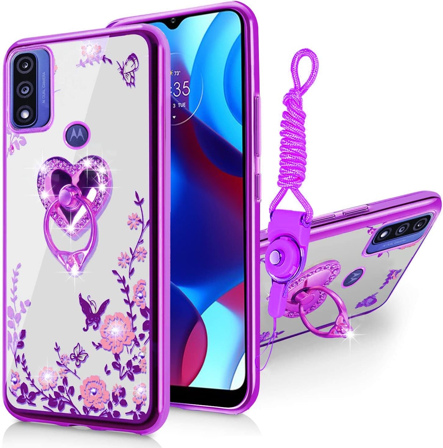 B-Wishy for Moto-G Pure Phone Case,Moto G-Power 2022 Case with Kickstand Ring Holder,Square Rivet for Girls Women Anti-Shock Slim Shockproof TPU Cover Phone Case for Moto G Play 2023(Y Black)  B-wishy Purple  