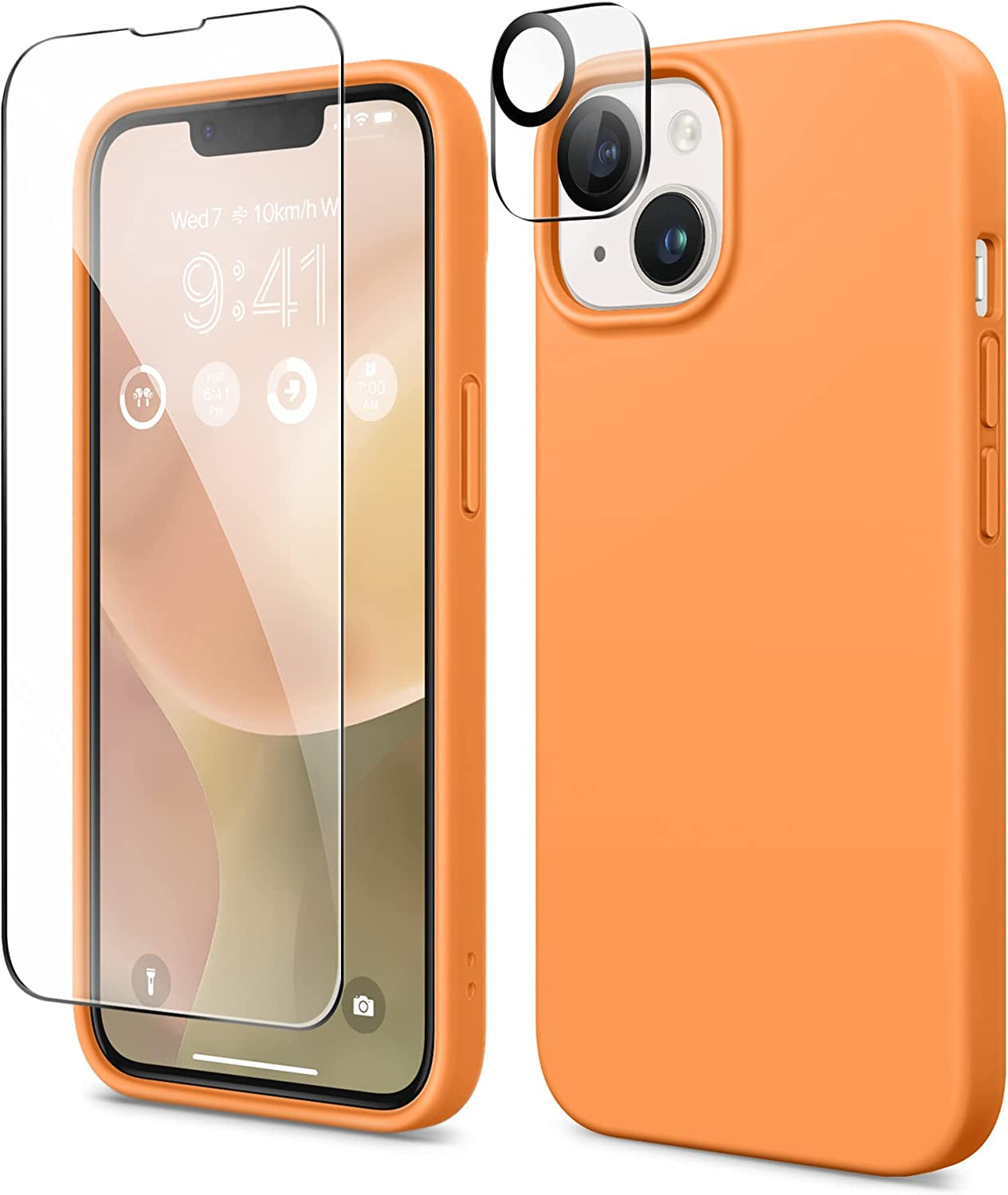 GONEZ for Iphone 14 Case Silicone, with Screen Protector + Camera Lens Protector, [Soft Anti-Scratch Microfiber Lining], Slim Liquid Silicone Shockproof Protective Phone Cover 6.1 Inch, Stone  GONEZ Orange  