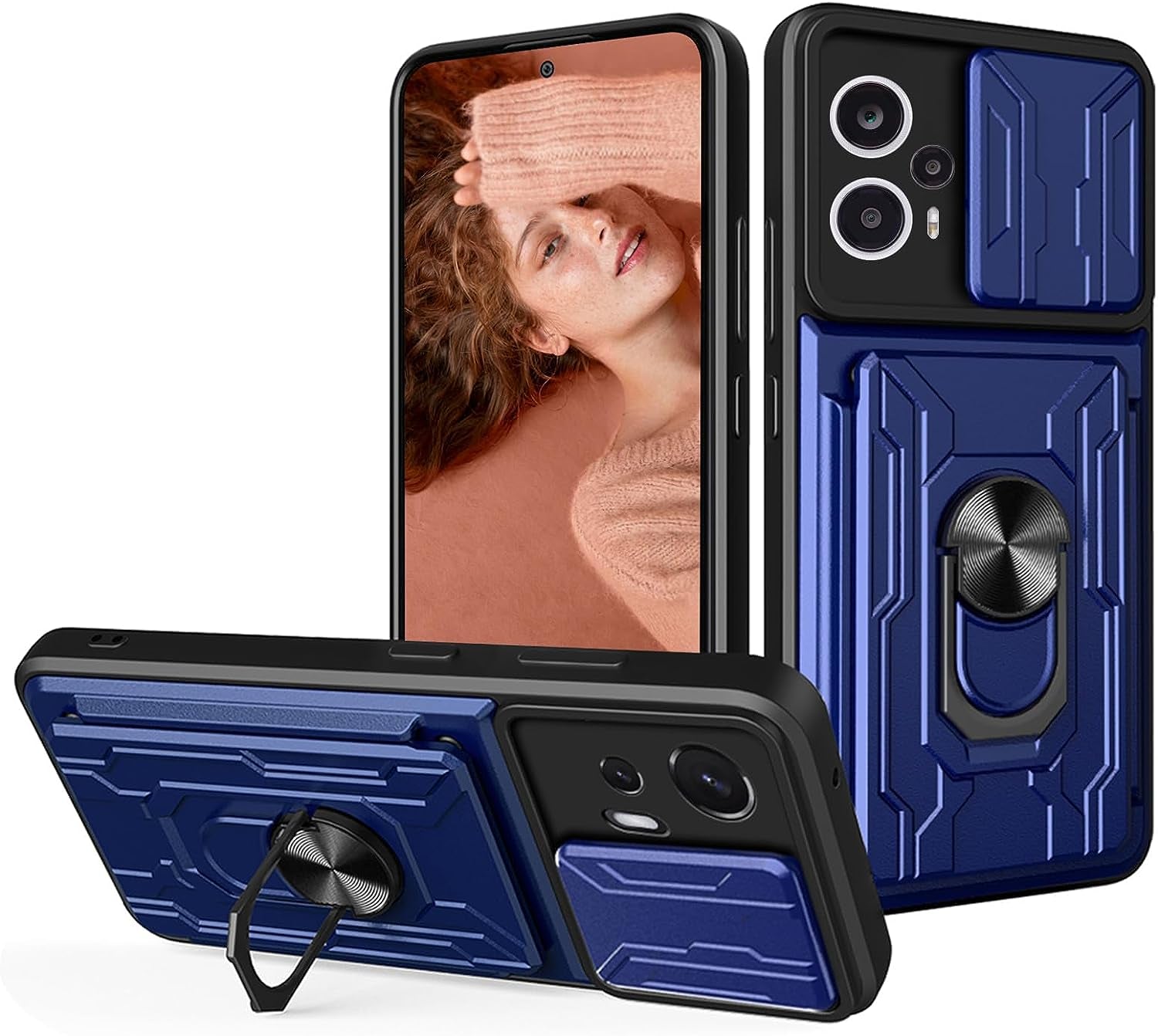 Tncavo for Xiaomi Poco F5 Case with Card Holder, Military Grade Shockproof Heavy Duty Protective with Rotating Ring Kickstand & Camera Cover for Xiaomi Redmi Note 12 Turbo LJ Black  Tncavo Blue Full 