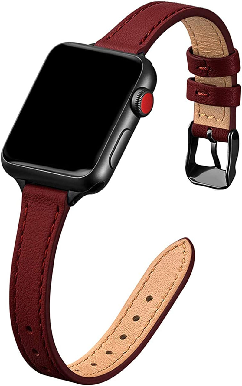 STIROLL Slim Leather Bands Compatible with Apple Watch Band 38Mm 40Mm 41Mm 42Mm 44Mm 45Mm 49Mm, Top Grain Leather Watch Thin Wristband for Iwatch Ultra SE Series 8/7/6/5/4/3/2/1  STIROLL Wine Red with Black 38mm/40mm/41mm 