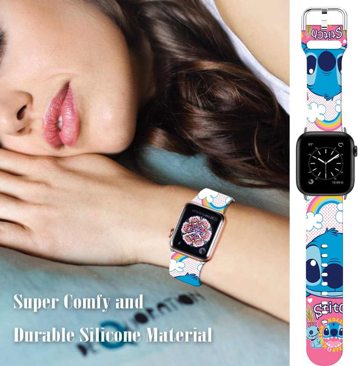 Sjiangqiao Compatible with Apple Watch Bands Stitch 42Mm 44Mm 45Mm/Ultra 49Mm Cute Cartoon Band Lovely Style Replacement Strap Soft Silicone Chic Cartoon Design Pattern Sports Bands for Iwatch Series SE 8 7 6 5 4 3 2 1 Men Women(Pink)  Sjiangqiao   