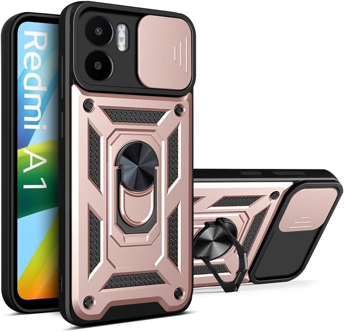 Ysnzaq Military Grade Heavy Duty Case for Xiaomi Redmi A1 /Redmi A2, Sliding Window Lens Protection with Magnetic Bracket Phone Cover for Xiaomi Redmi A1 /Redmi A2 SJ Red  Ysnzaq Rose Gold  
