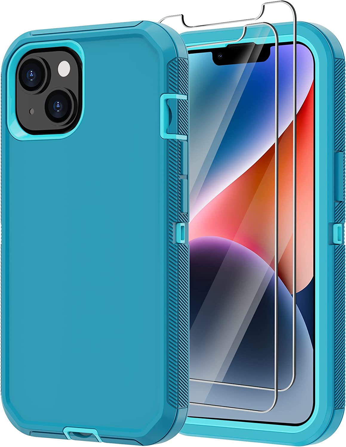 Annymall for Iphone 14 plus Case with 2 Screen Protector, Heavy Duty Drop Protection Shockproof Rugged 3-Layer Military Tough Durable Protective Cover for Apple Iphone 14 plus 6.7" (Black)  Annymall Lake/Sky Blue  