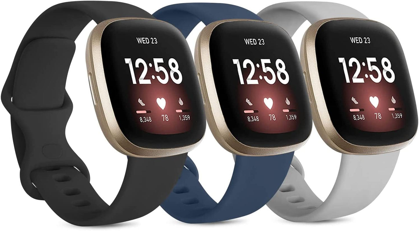 3 Pack Silicone Bands for Fitbit Sense Bands Fitbit Versa 3 Bands Women Men, Classic Soft Sport Bands Replacement Wristbands for Fitbit Sense/Versa 3 Smart Watch (Black/White/Gray, Large)  Amzpas Black/Navy Blue/Gray Large 