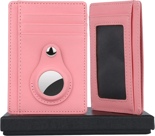 Airtag Wallet , Slim Genuine Leather RFID Blocking Minimalist Credit Card Holder , with 6 Card Slots & 1 Id/Photo Window,Anti Theft Smart Airtag Wallet Holder for Men Women, Pink,  DJSLO   