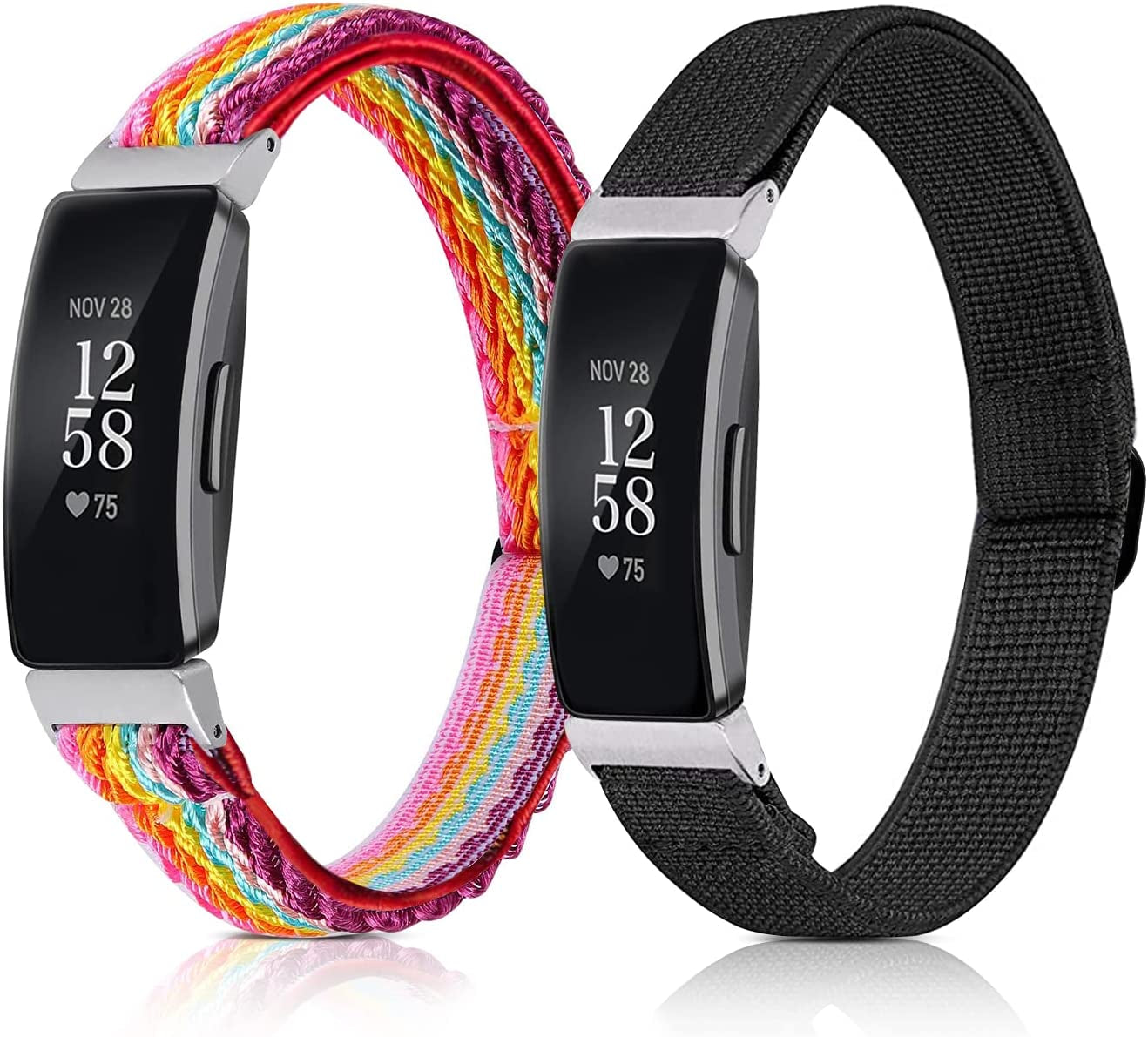 5 Pack Elastic Bands Compatible with Fitbit Inspire 2 / Inspire HR / Inspire / Ace 3 / Ace 2, Soft Loop Nylon Fabric Breathable Stretchy Replacement Straps Accessory Wristband for Women Men  POHNUI Red Ripple + black Plain Weave  