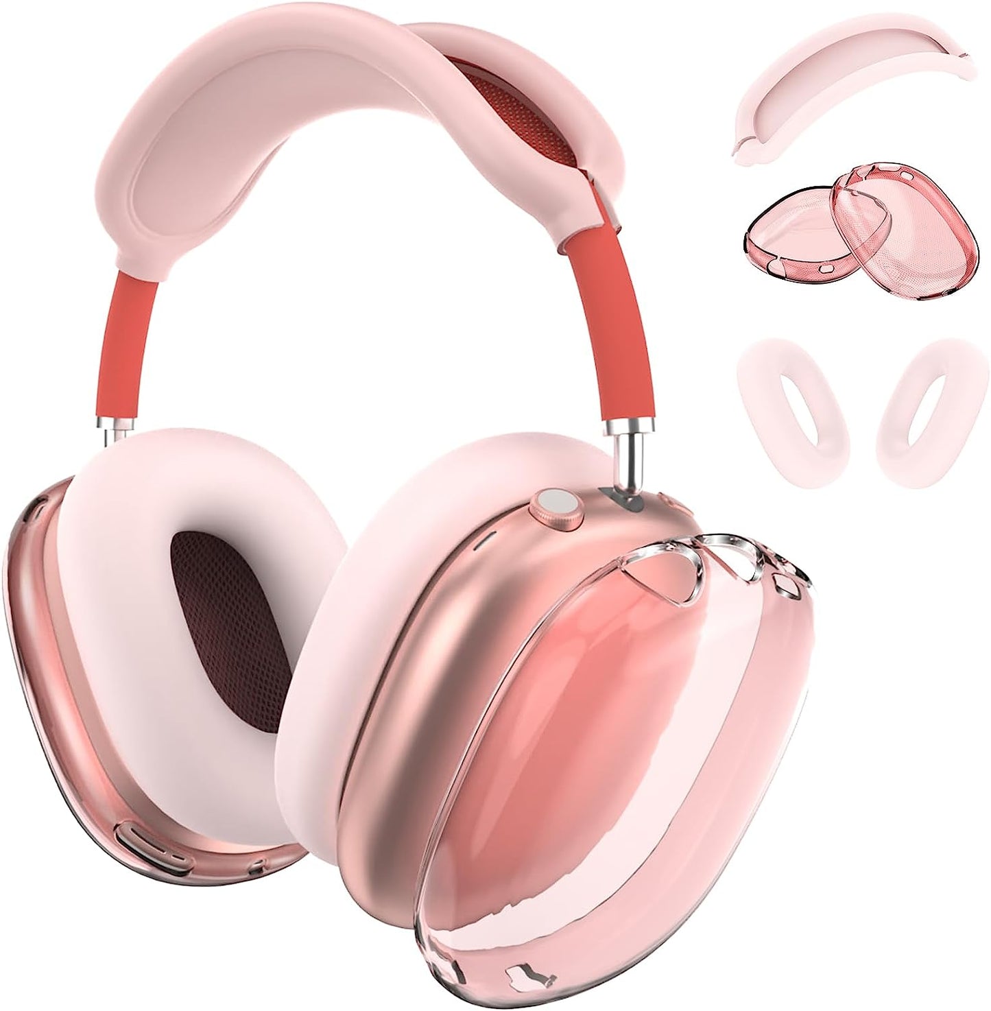 JDHDL [3 in 1] for Airpods Max Case Cover, Clear Soft TPU Earcup Case Cover+Slicone Earpad Cover+Silicone Overhead Cover, Transparent Protective Case for Apple Airpods Max Accessories(Black)  JDHDL Pink+Clear Pink  