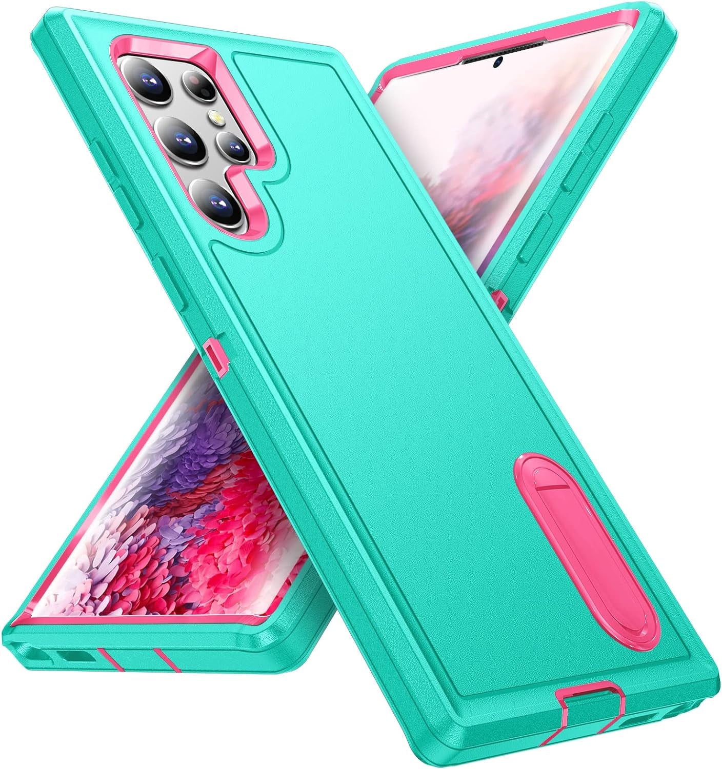 Fucozan for Samsung Galaxy S22 Ultra Case with Kickstand Case 3-Layer Military Grade Protective Case Cover Silicone Heavy Duty Rugged Shockproof for Galaxy S22 Ultra Phone Case (Purple Red+Pink)  Fucozan Cyan+Rose Red  