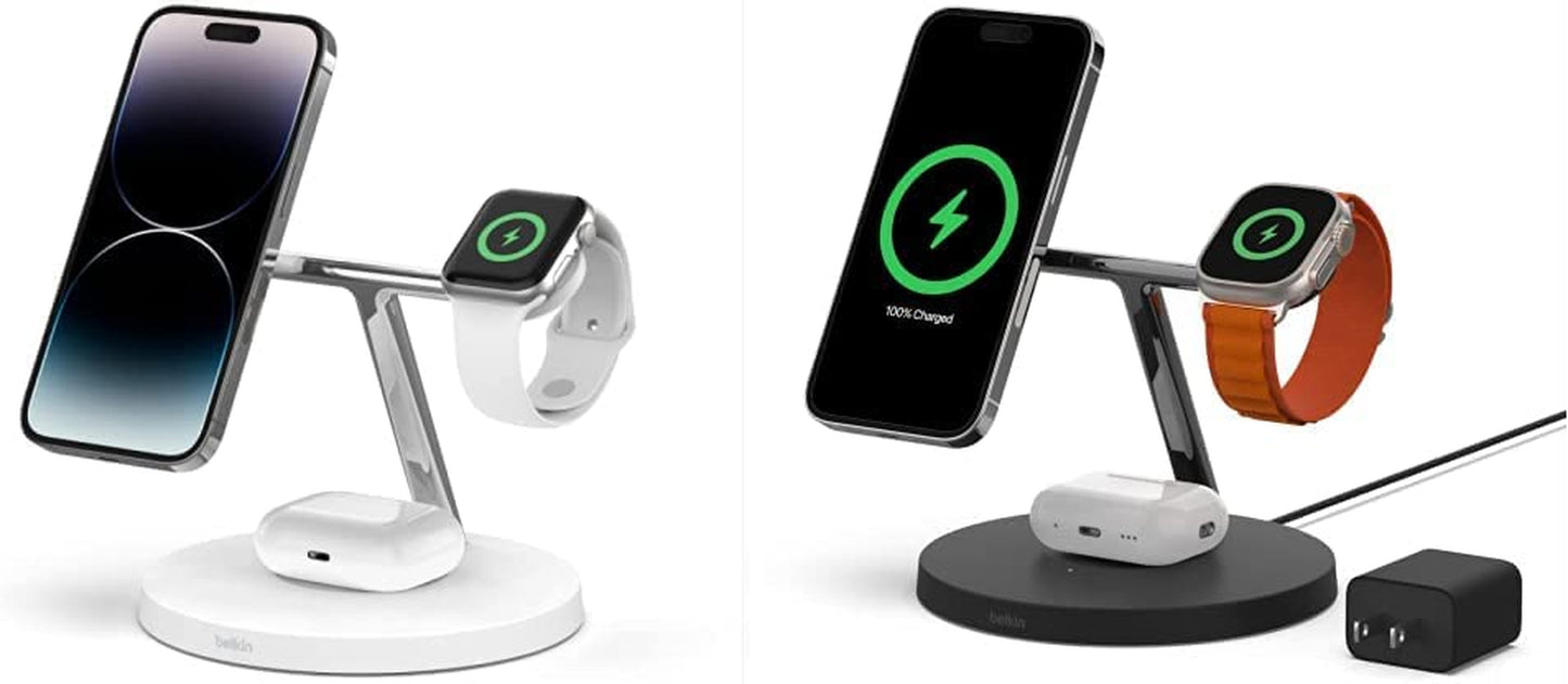 Belkin Magsafe 3-In-1 Wireless Charging Stand - 2ND GEN W/ 33% Faster Wireless Charging for Apple Watch - Iphone 14, 13 & 12 Series & Airpods - Magsafe Charging Station for Multiple Devices - Black  Belkin White 3 in 1 Stand (Old) + 3-in-1 Charging Stand 