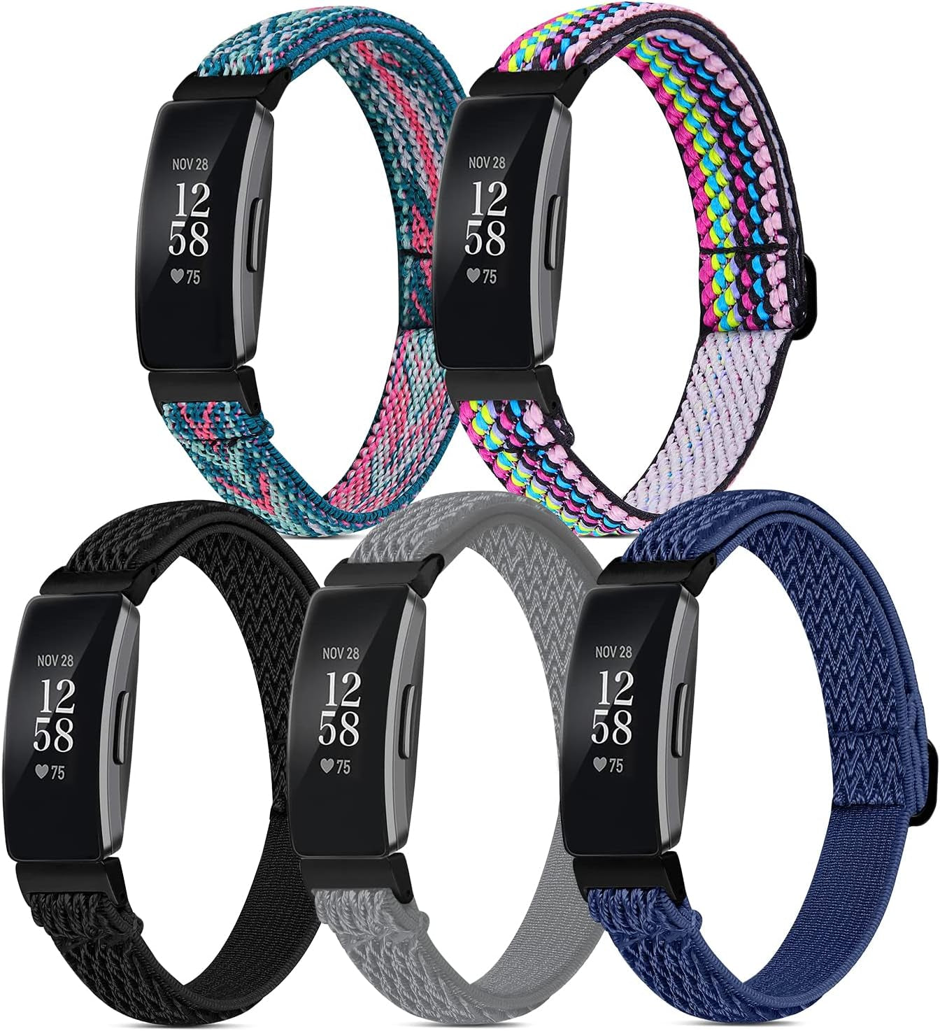 5 Pack Elastic Bands Compatible with Fitbit Inspire 2 / Inspire HR / Inspire / Ace 3 / Ace 2, Soft Loop Nylon Fabric Breathable Stretchy Replacement Straps Accessory Wristband for Women Men  POHNUI Colorful+Arrow Green+Dark Blue+Black+Gray  