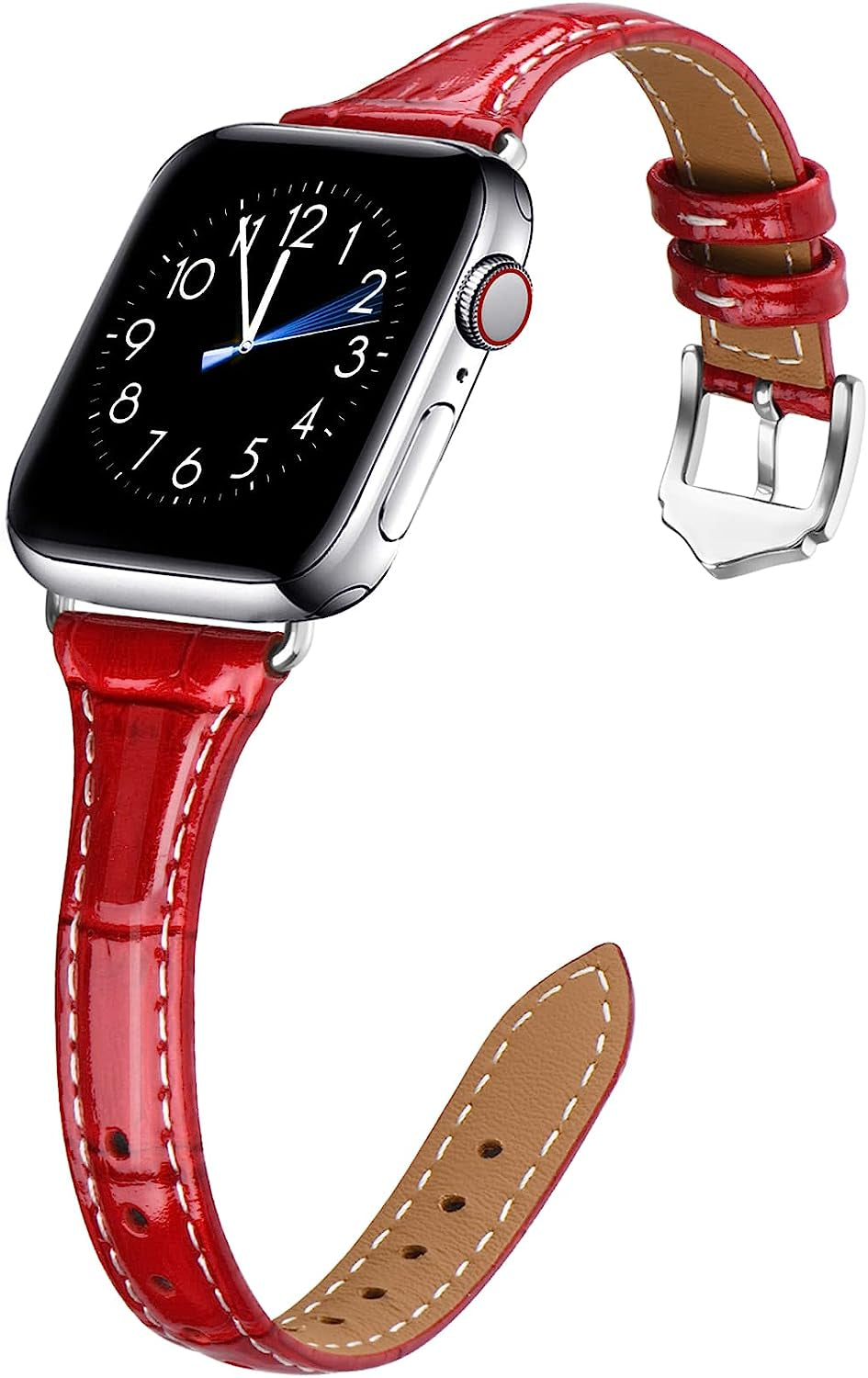 WFEAGL Leather Bands Compatible with Apple Watch Band 38Mm 40Mm 41Mm 42Mm 44Mm 45Mm 49Mm Women, Top Grain Leather Strap Slim & Thin Replacement Wristband for Iwatch Ultra SE & Series 8 7 6 5 4 3 2 1  WFEAGL Cro-Red/Silver 38mm 40mm 41mm 