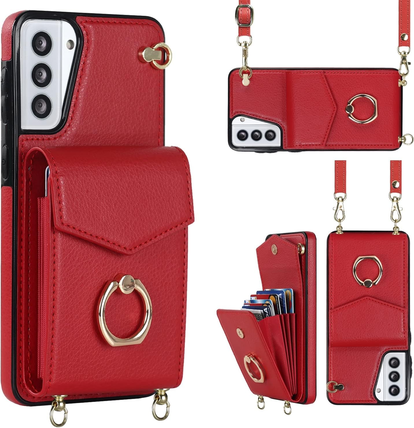 YYTVN for Samsung Galaxy S21 plus Case 5G 6.7 Inch, Minimalist Wallet Case with Ring Kickstand and Shoulder Strap, Shockproof Stylish Protective Cover for Galaxy S21 plus -Red  YYKeji   