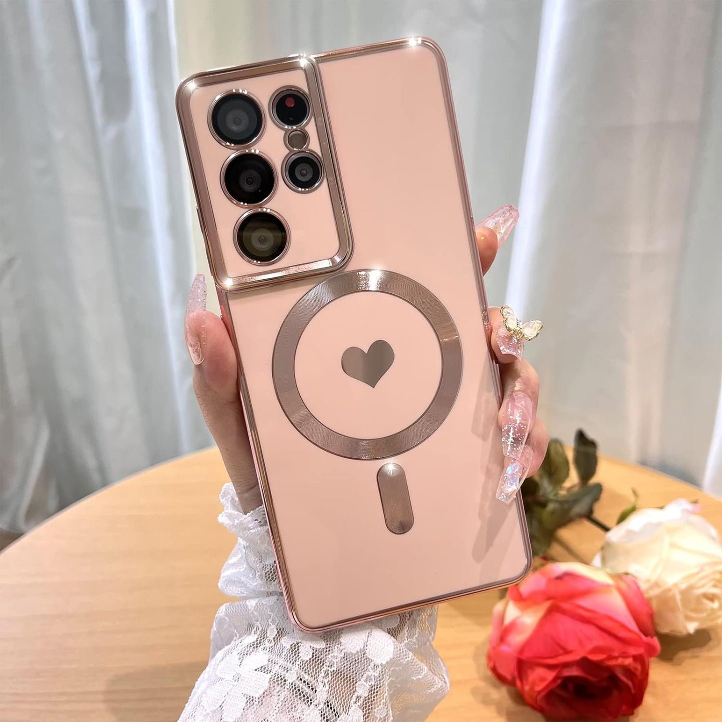 Bonoma Magnetic Case for Samsung Galaxy S21 Ultra Compatible with Magsafe, Cute Love Heart Luxury Plating Back Cover with Edge Elegant Aesthetic Hearts Pattern Silicone Phone Case-Pink  Bonoma   