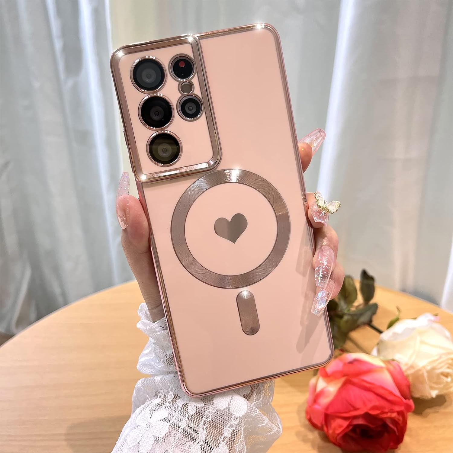 Bonoma Magnetic Case for Samsung Galaxy S21 Ultra Compatible with Magsafe, Cute Love Heart Luxury Plating Back Cover with Edge Elegant Aesthetic Hearts Pattern Silicone Phone Case-Pink  Bonoma   