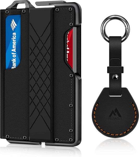 Tactical Minimalist Wallet for Men, Slim Rfid-Blocking Metal Card Holder, Front Pocket Men’S Leather Dapper Bifold Wallet Money Clip with Airtag Keychain (Black AK)  MURADIN   