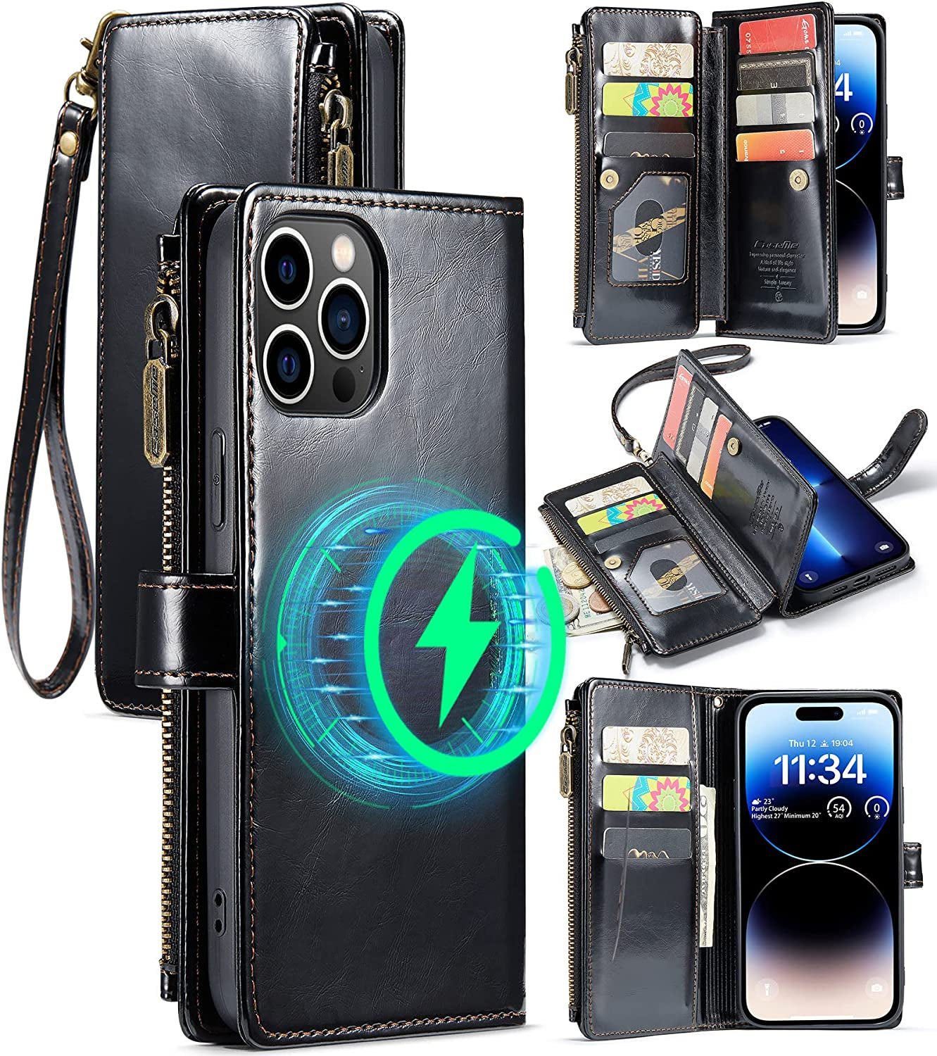 FLIPALM Wallet Case for Iphone 14 Pro(6.1") Flip Case,Compatible with Magsafe Charger,Pu Leather Zipper Protective Lanyard Strap Wristlet Case with Magnetic Closure and Card Holder Luxury Coffee  FLIPALM Luxury Black iPhone 14 Pro Max 