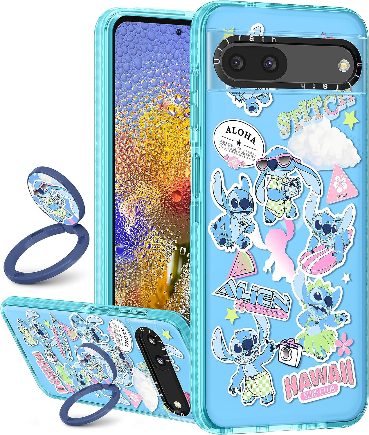 Ulirath (2In 1 for Pixel 6A Case Cute Cartoon Character Design for Girls Kids Boys Teens Women Girly Cover Kawaii Cool TPU Cases with Ring Holder for Google Pixel 6A 6.1",Blue Kiss  Ulirath Sticker Stih  