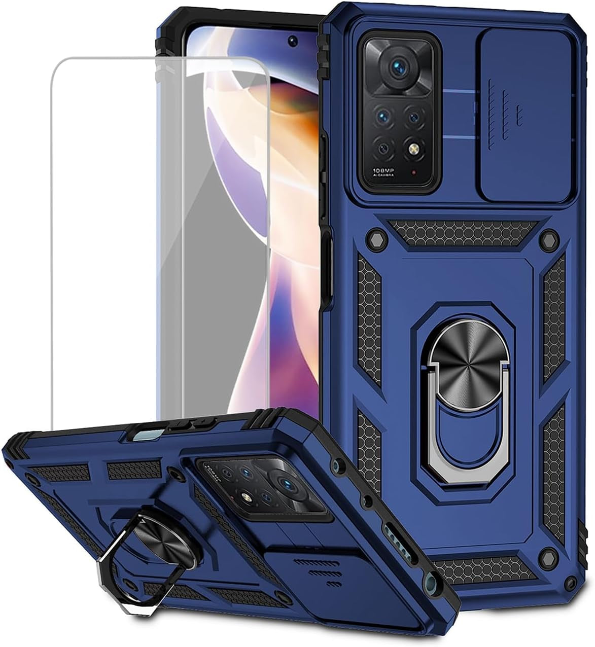 Yodueiv for Redmi Note 11 Pro 4G/5G/Redmi Note 11E Pro Case with Tempered Glass Screen Protector and Slide Camera Cover, Magnetic Ring Car Mount Holder Cover for Xiaomi Redmi Note 11 Pro 5G Black  Yodueiv Blue  