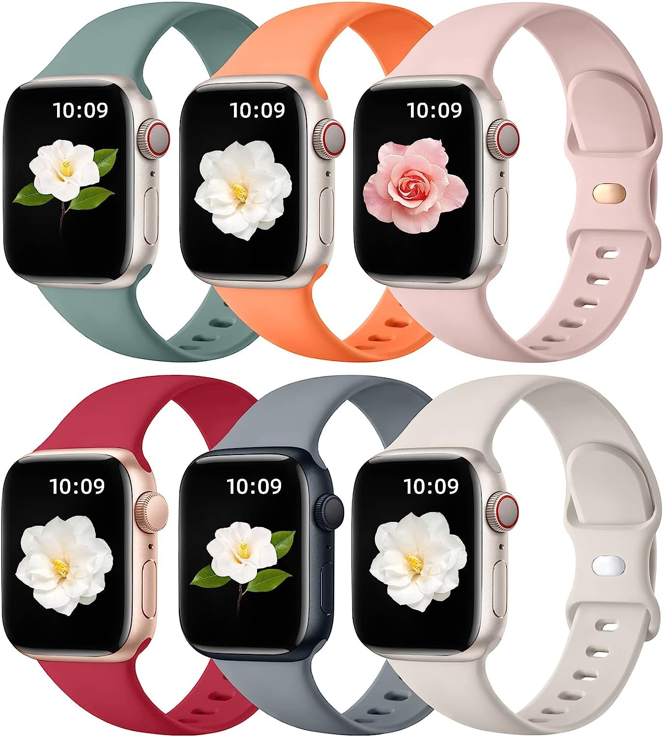 Maledan 6 Pack Bands Compatible for Apple Watch Band 45Mm 41Mm 40Mm 38Mm 44Mm 42Mm 49Mm Women Men, Breathable Silicone Sport Strap Design for Apple Watch Ultra Iwatch Series 8 7 6 5 4 3 2 1 SE Band  Maledan Dark Gray/ Pink/ Starlight/ Marigold/ Pine Green/ Red 42mm/44mm/45mm/49mm 