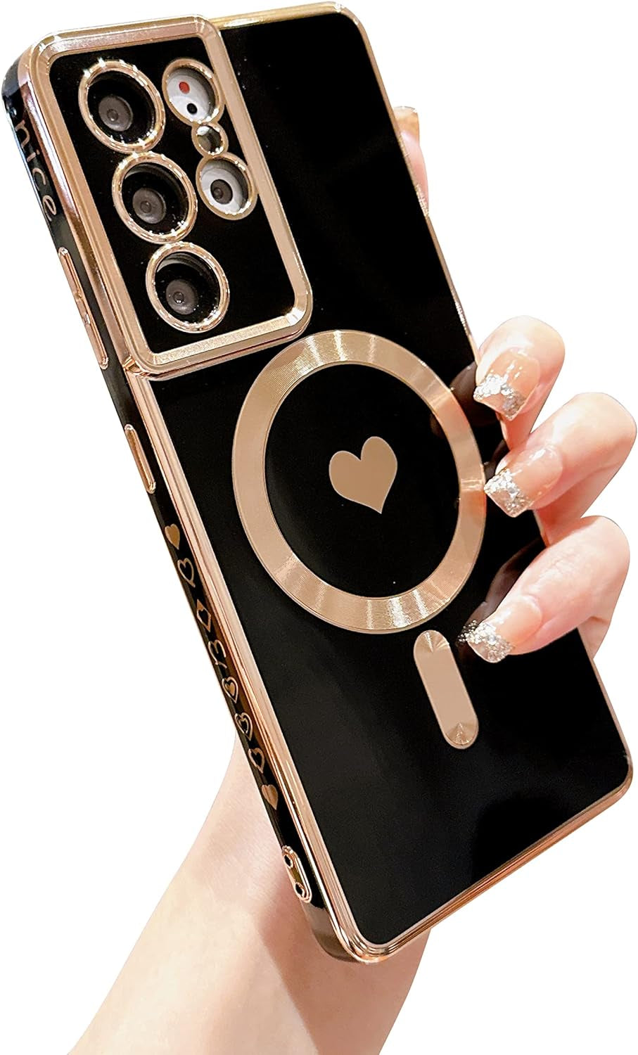 VANIPUFF Magnetic Phone Case for Samsung Galaxy S21 Ultra 5G [Compatible with Magsafe] Luxury Plating Cute Love Heart Soft Silicone Protective Shockproof Cover for Galaxy S21 Ultra 6.8” (Blue)  VANIPUFF\1 Black  