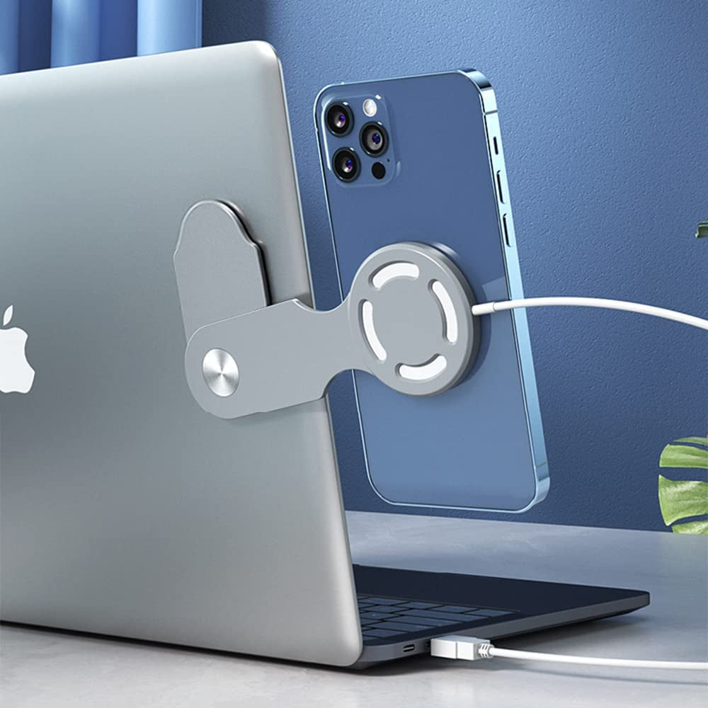 2PCS Adjustable Laptop Phone Holder, Laptop Side Mount Clip, Computer Monitor Expansion Bracket, Foldable Magnetic Wireless Charger Holder for Iphone12/13/14 Series Magsafe with 3M Adhesive.Black+Grey  4every   