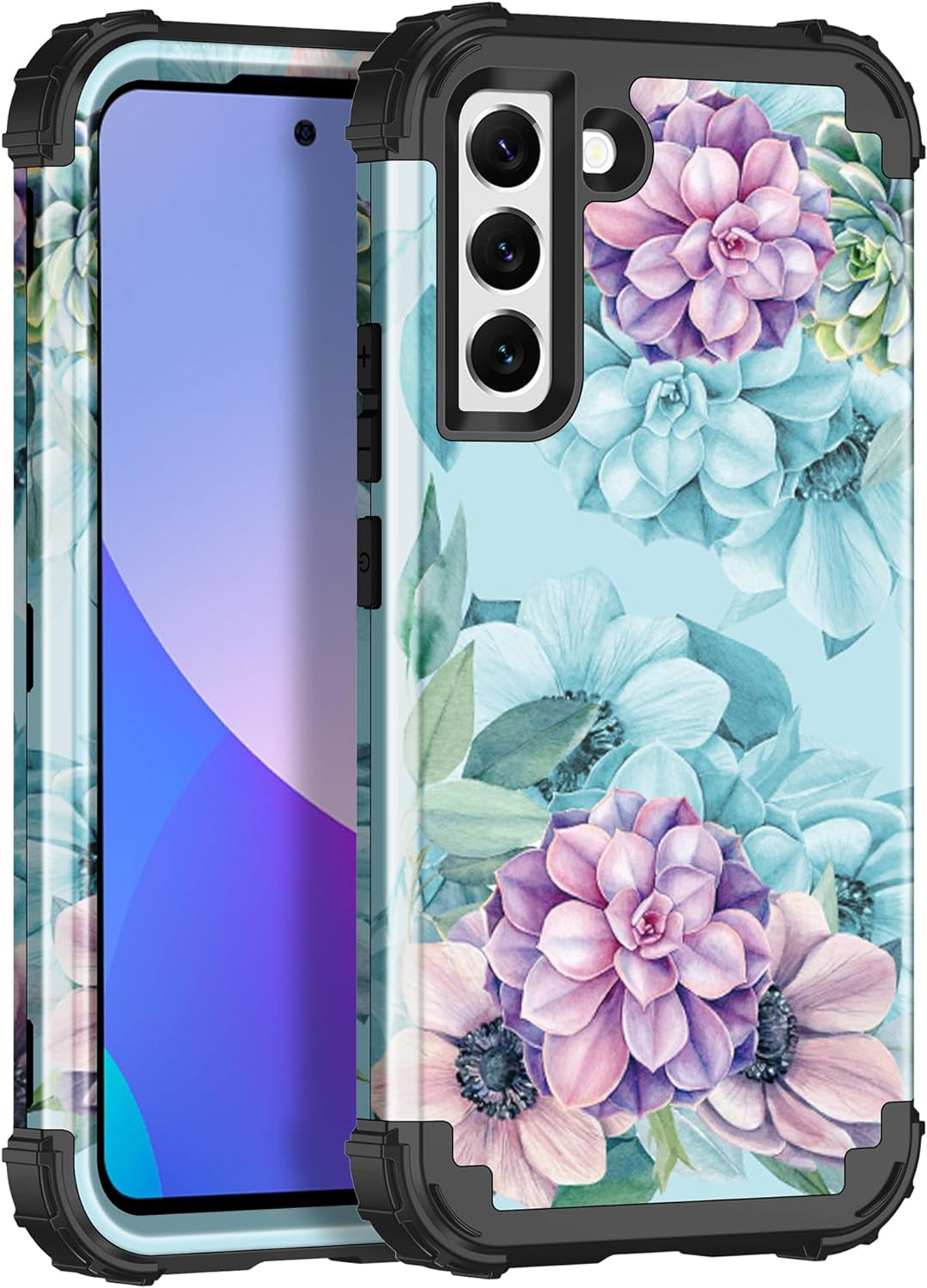 LONTECT for Galaxy S22 plus Case Shockproof 3 in 1Heavy Duty Rugged Hybrid Sturdy High Impact Durable Protective Cover Case for Samsung Galaxy S22 Plus/S22+ 5G 6.6 2022,Marble/Dark Purple  Lontect Blue Folwer  