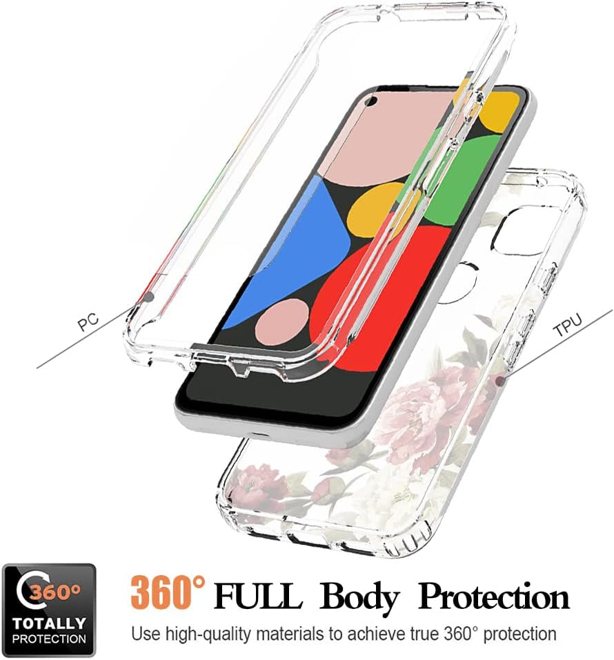 Yodueiv for Google Pixel 4A (Not Fit Pixel 4A 5G) G025J, GA02099 Case with Tempered Glass Screen Protector, Full-Body Cute Clear Floral Pattern Protective Phone Cover Case for Google Pixel 4A (Flower)  Yodueiv   