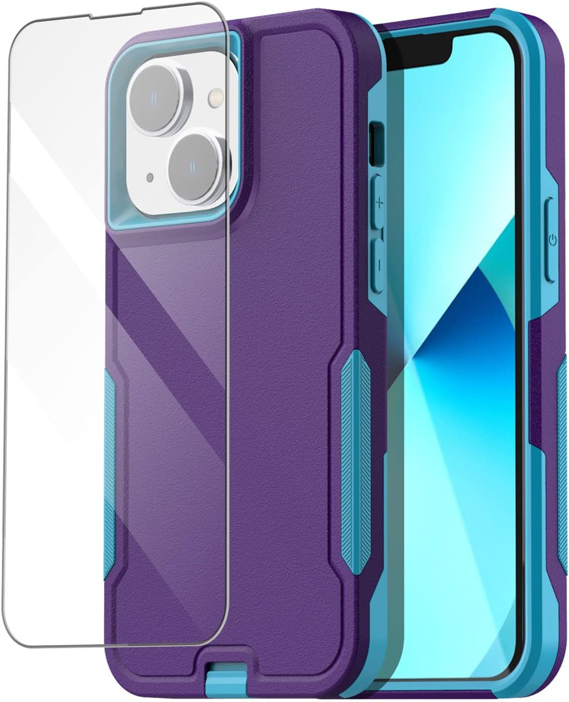Aicase for Iphone 13 Case with Glass Screen Protector,Heavy Duty Drop Protection Full Body Rugged Shockproof Military Protective Tough Durable Cover for Iphone 13 6.1"_4  AICase Purple/Blue+Glass Protector  