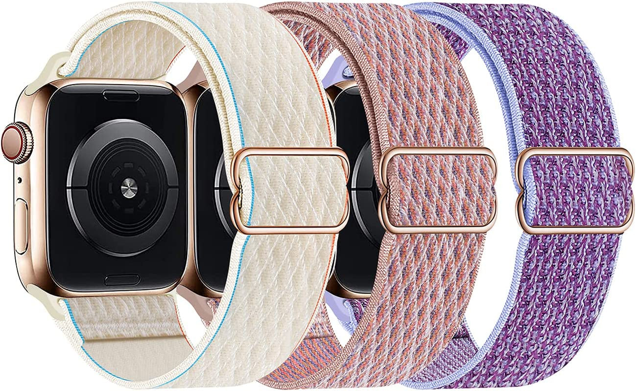 Swhatty Stretchy Nylon Solo Loop Bands Compatible with Apple Watch 41Mm 40Mm 38Mm, Adjustable Braided Sport Elastics Women Men Strap for Iwatch Series 8 7 6 5 4 3 2 1 SE (Black, Rose Pink, Cream)  Swhatty Lilac/Pinksand/Cream 38mm/40mm/41mm 