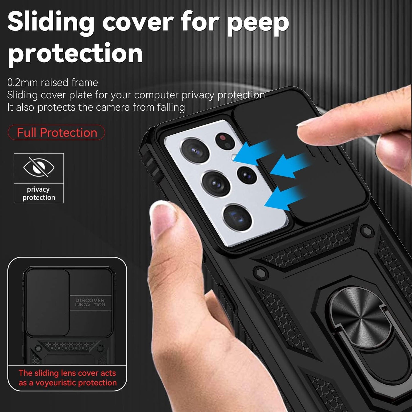 For Samsung Galaxy S21 Ultra Case with Camera Lens Cover HD Screen Protector, Military-Grade Drop Tested Magnetic Ring Holder Kickstand Protective Phone Case for Samsung Galaxy S21 Ultra 5G (Black)  JINZHI Inc   