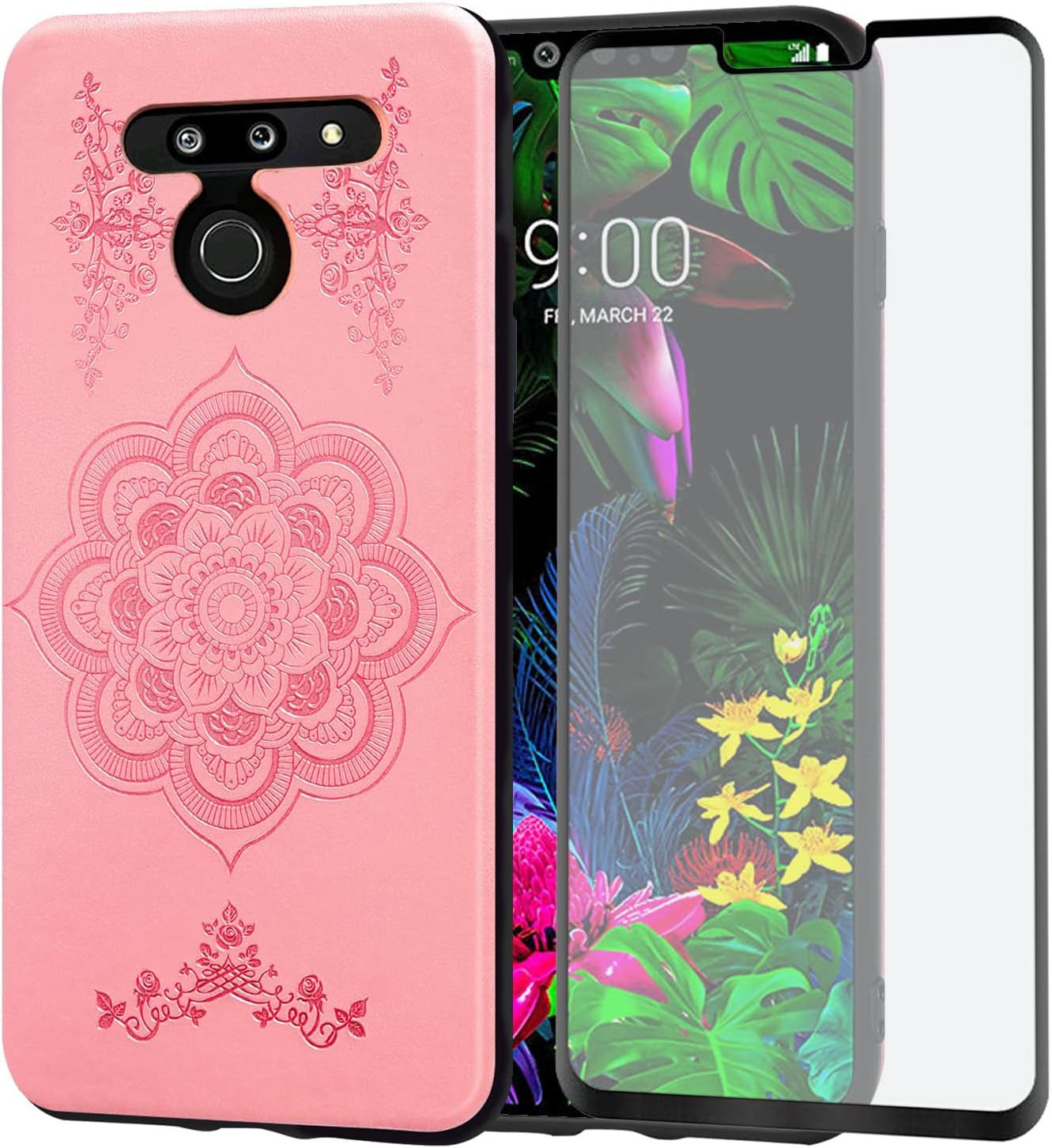 Asuwish Compatible with LG G8 Thinq Case and Tempered Glass Screen Protector Thin Slim Soft TPU Flower Rugged Leather Film Cell Phone Cover for LGG8 Thin Q G 8 LG8 G8Thinq Lgg8Thinq 8G Women Men Blue  Asuwish Rose Gold For Lg G8 Thinq / G8 