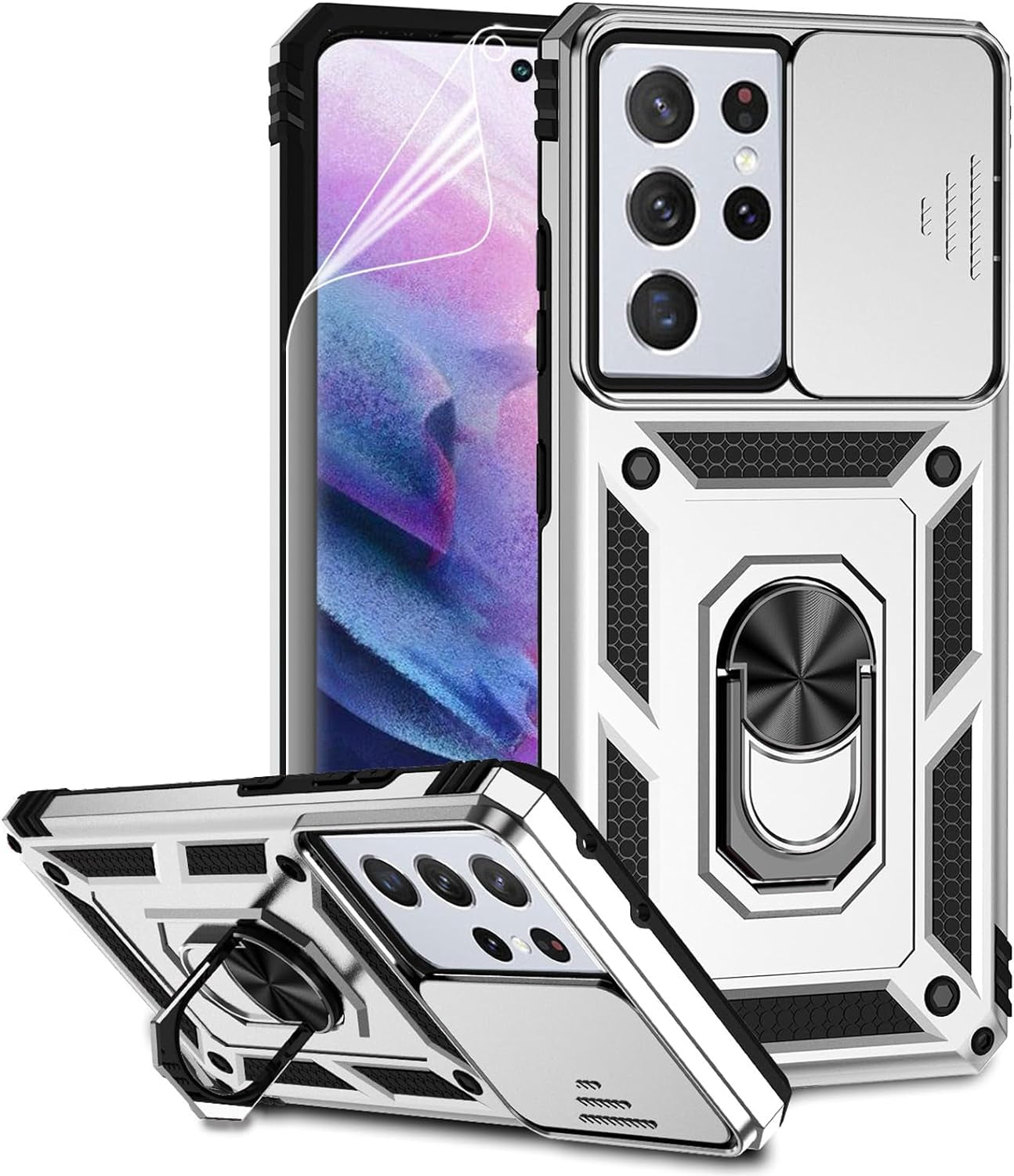 For Samsung Galaxy S21 Ultra Case with Camera Lens Cover HD Screen Protector, Military-Grade Drop Tested Magnetic Ring Holder Kickstand Protective Phone Case for Samsung Galaxy S21 Ultra 5G (Black)  JINZHI Inc Silver With Camera Cover Military-Grade 2Nd Gen  