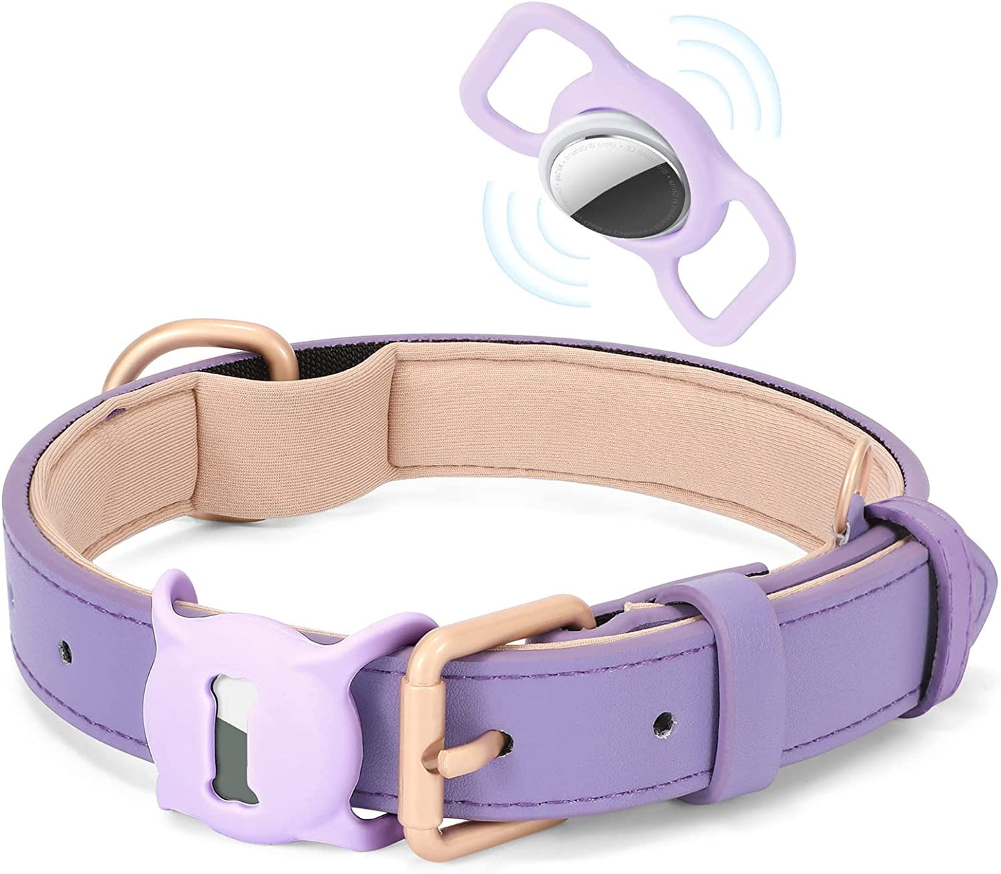 WHIPPY Airtag Leather Dog Collar GPS Tracker Air Tag Puppy Collar Adjustable Soft Leather Padded Dog Collar with Airtag Holder Case for Small Medium Large Dog Pet Backpack,Pink,M  WHIPPY D-purple+airtag case L:Neck 20"-23",Width1.18" 