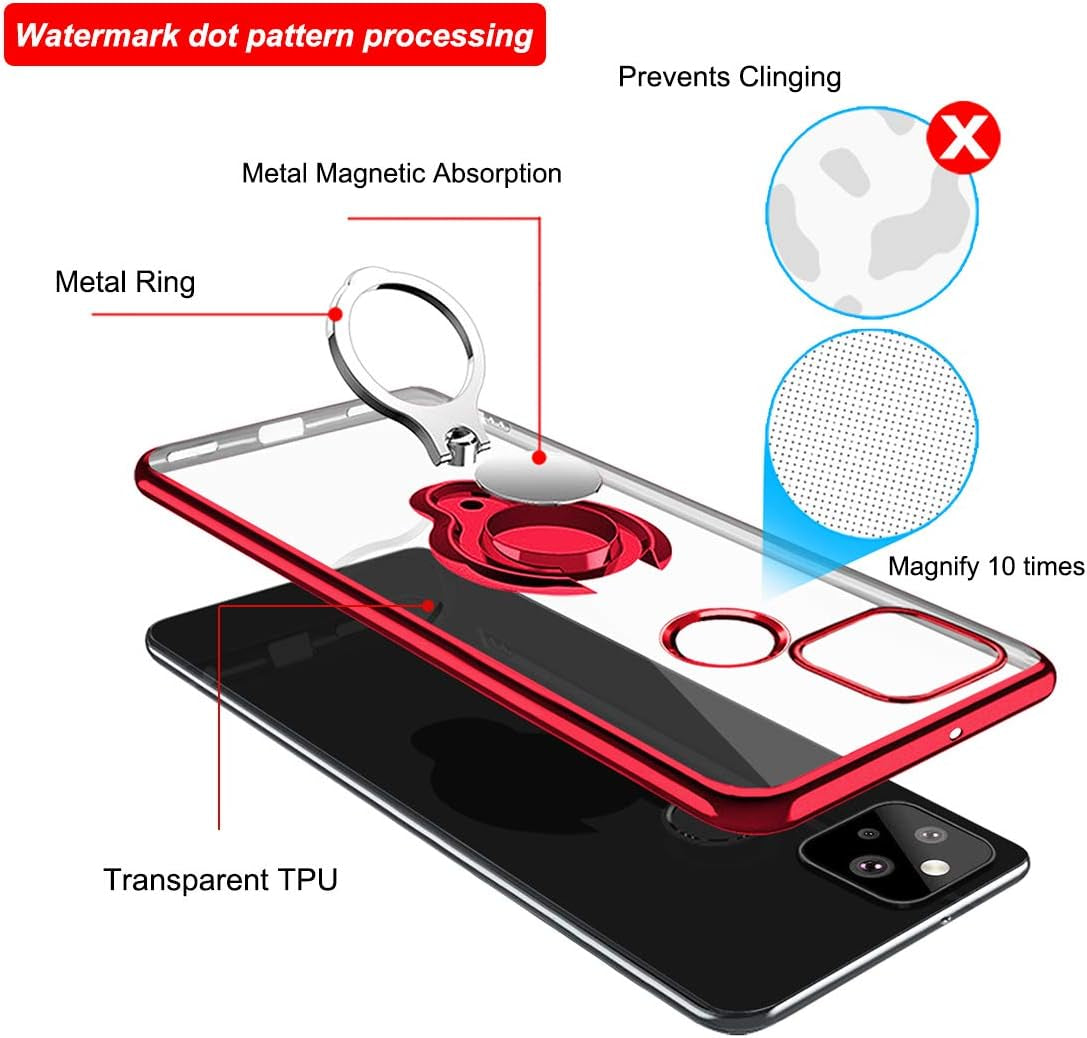 Google Pixel 4A 5G Case Crystal Clear Soft Silicone Case with 360° Rotatable Ring Holder Kickstand TPU Case Slim Fit Cover for Pixel 4A 5G (2020) 6.2" - Red  Guuboly   