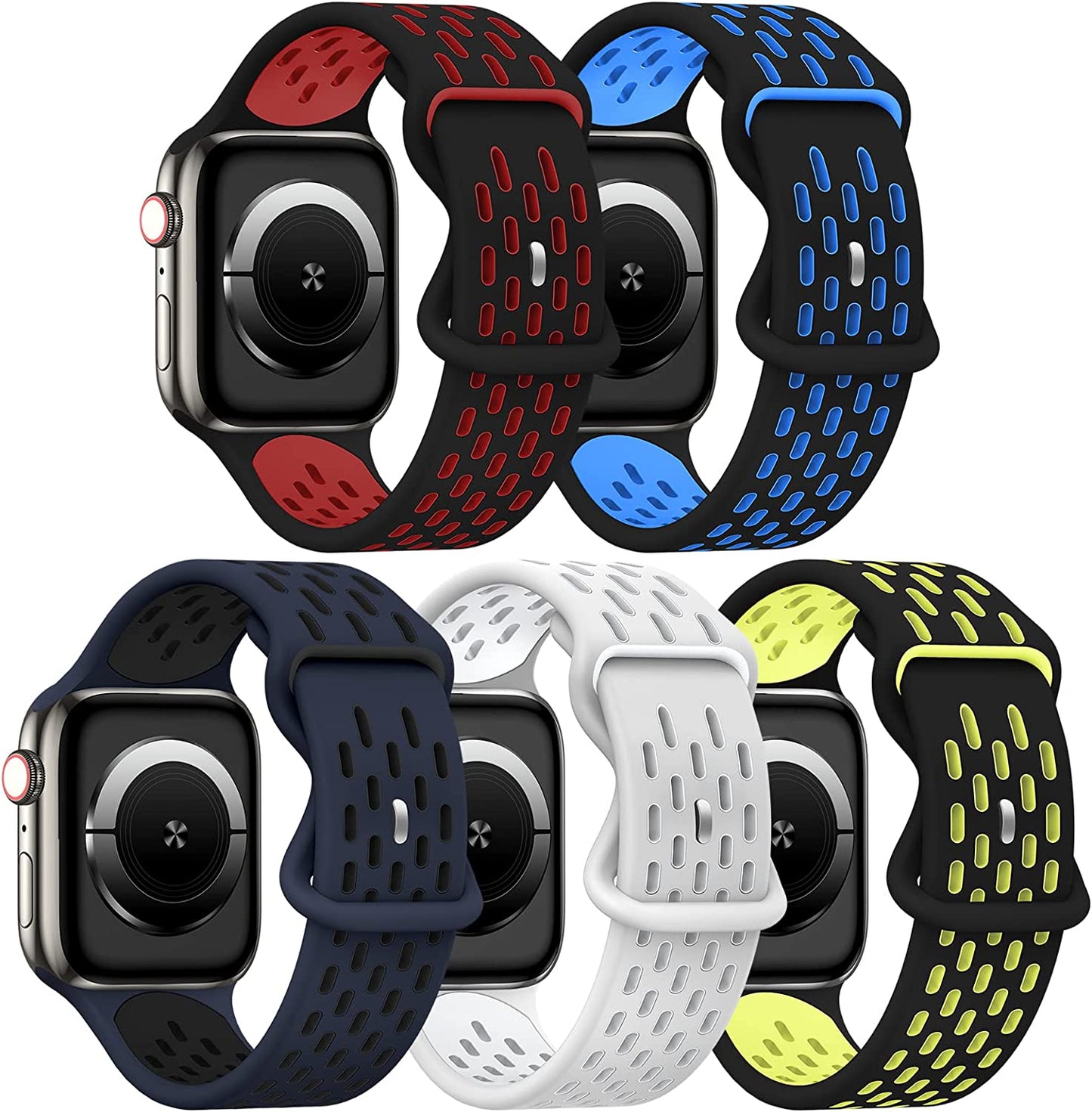 TSAAGAN 5 Pack Sport Silicone Bands Compatible for Apple Watch Band 49Mm 41Mm 45Mm 40Mm 44Mm 38Mm 42Mm, Breathable Strap Replacement Wristband for Iwatch Ultra Series 8/7/SE/6/5/4/3/2/1 Women & Men  TSAAGAN Black Blue/Black Red/Midnightblue Black/Gray White/Black Green 38/40/41mm 