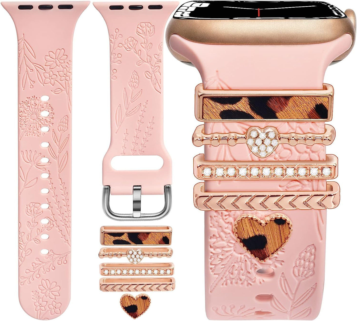 Watch Band Charms (Band Included), Compatible with Apple Watch Band 38Mm 40Mm 41Mm, ORATYFAN Floral Engraved Silicone Bands & Metal Decorative Ring Loops Accessories for Iwatch Series Se 8 7 6 5 4 3 2 1  ORATYFAN Pink Band/ Rose Gold Leopard Heart 38mm/40mm/41mm 