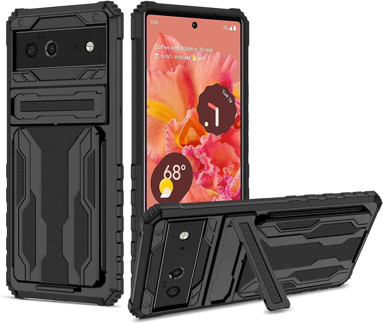 Military Grade Shockproof Heavy Duty Protective Case for Google Pixel 6 5G 2021 with Built-In Kickstand and Credit Card Slots Holder Fior Google Pixel 6 5G  Joie & Joho Black  