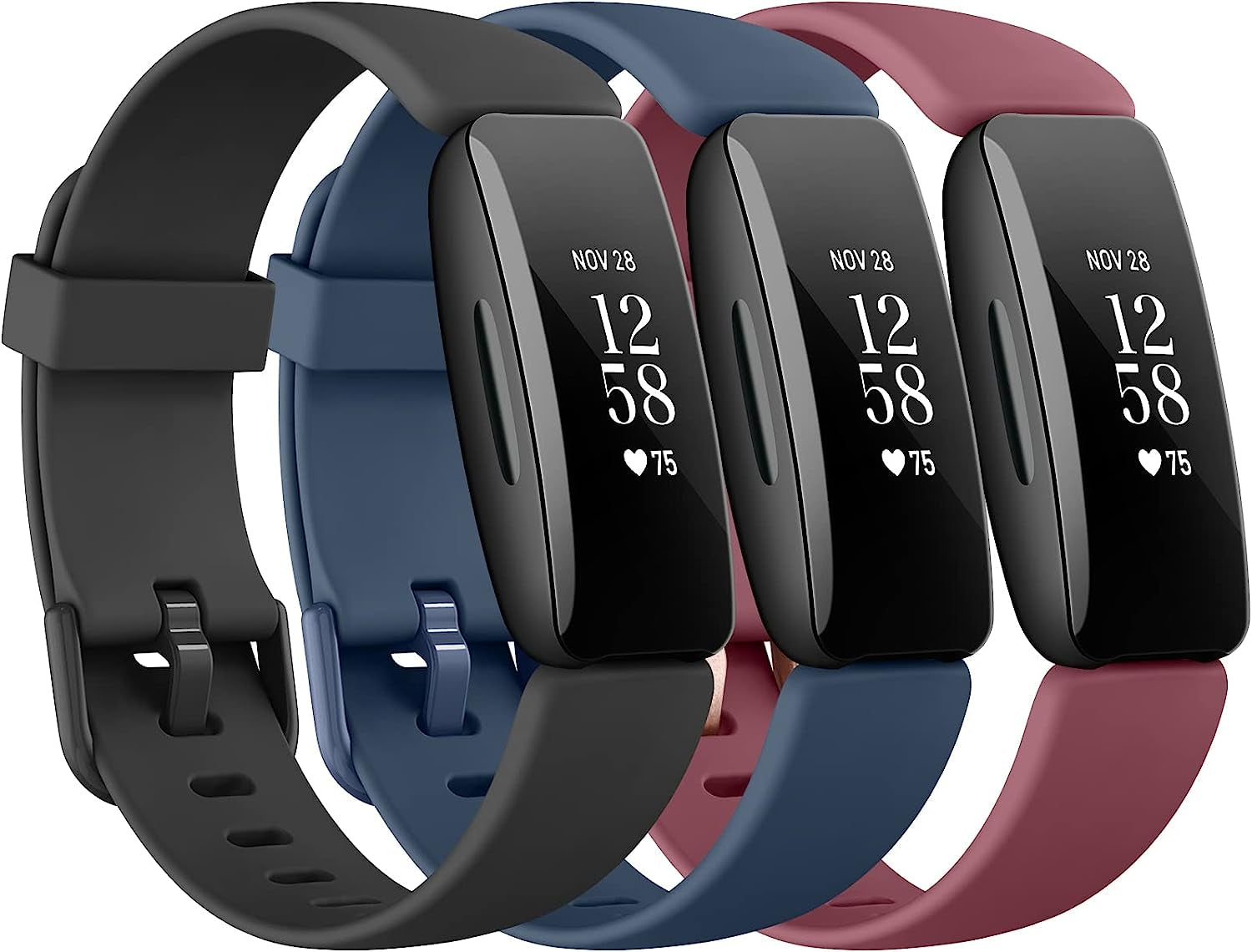 3 Pack Silicone Bands Compatible with Fitbit Inspire 2 Bands for Women Men, Adjustable Replacement Sport Wristbands Straps for Fitbit Inspire 2 / Ace 3 (Black/Gray/White)  Mugust Black/Navy Blue/Wine Red  