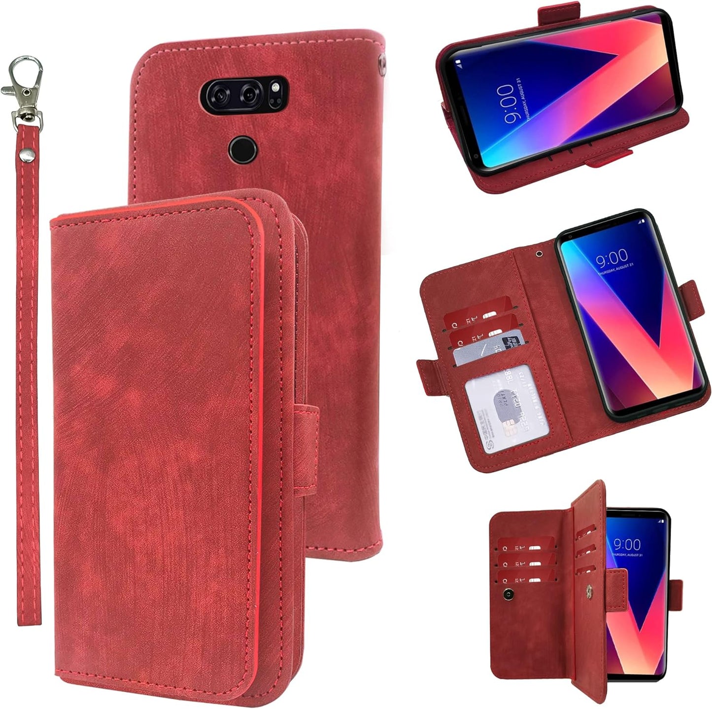 Furiet Compatible with LG V35 Thinq V30 plus Wallet Case Wrist Strap Lanyard Leather Flip Card Holder Stand Cell Accessories Phone Cover for LGV30 LGV35 LG30 LG35 V 30 35 V30+ V30S H931 Men Black  Furiet Red  