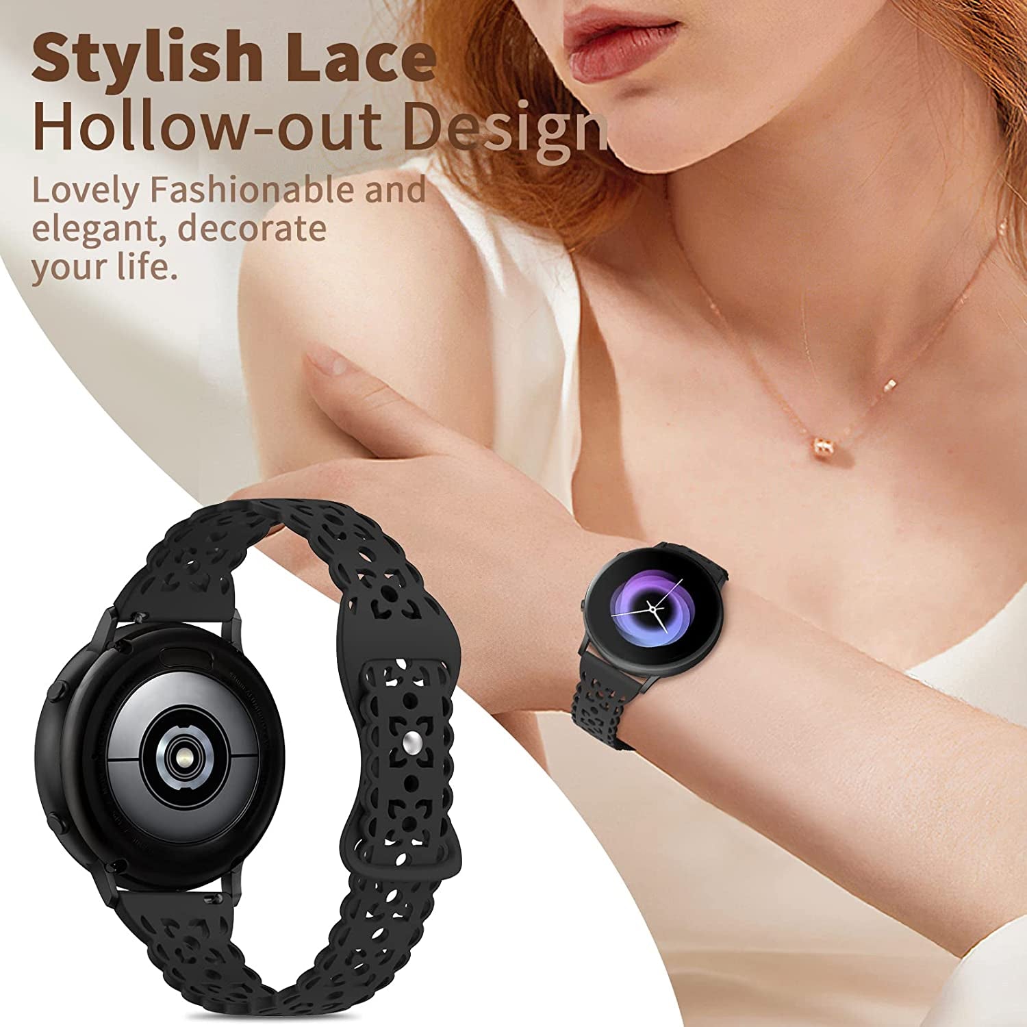 20Mm Lace Silicone Band Compatible with Samsung Galaxy Watch 4 Band 40Mm 44Mm,Galaxy Watch 4 Classic Band 42Mm 46Mm,Galaxy Watch 5 Bands,Slim Sport Strap Replacement Band for Galaxy Watch 4/5 Women  HEARTBOOM   