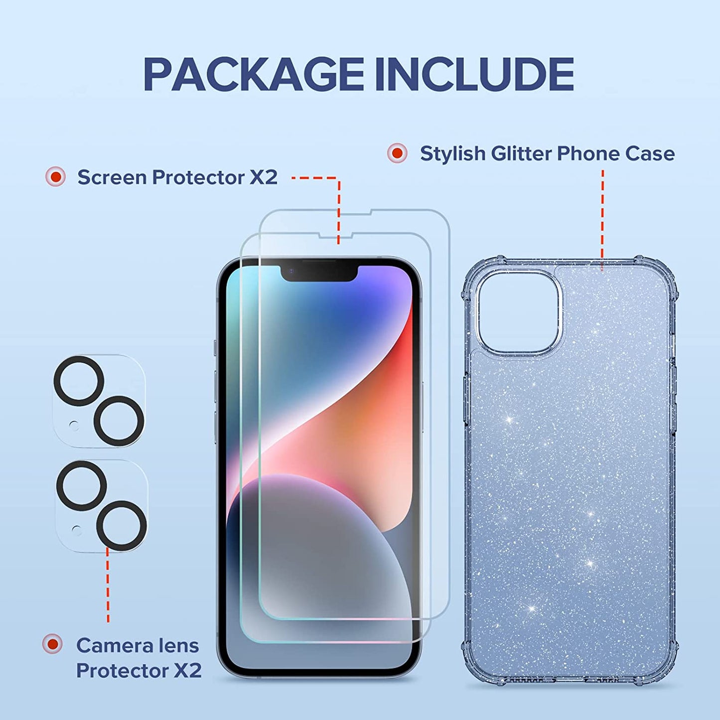 BERFY for Iphone 14 Case Glitter, with 2X Screen Protector + 2X Camera Lens Protector, [Not Yellowing] Sparkly Crystal Shockproof Hard Back Slim Protective Phone Cover for Women Girls (Clear Blue)  BERFY   